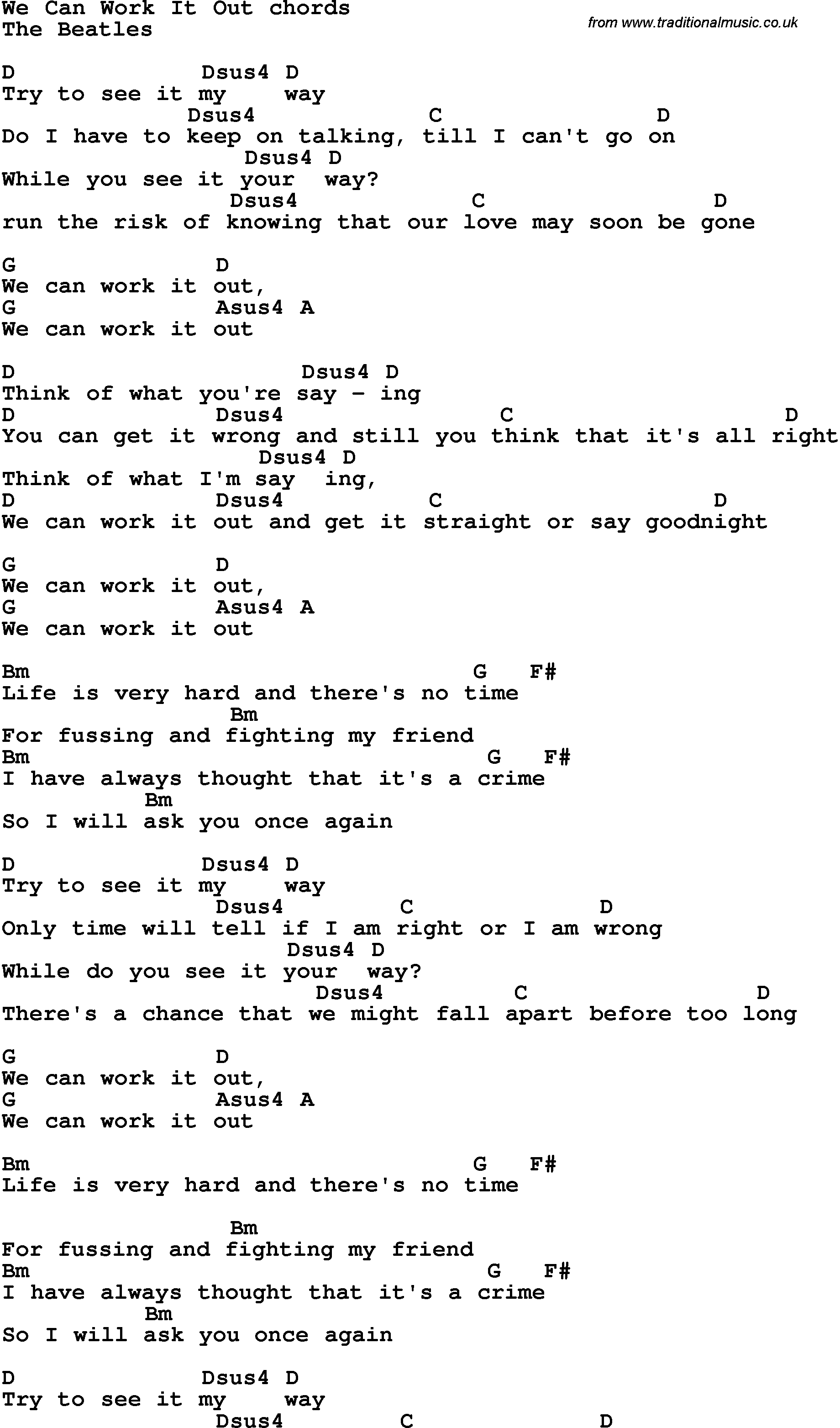 Song Lyrics with guitar chords for We Can Work It Out