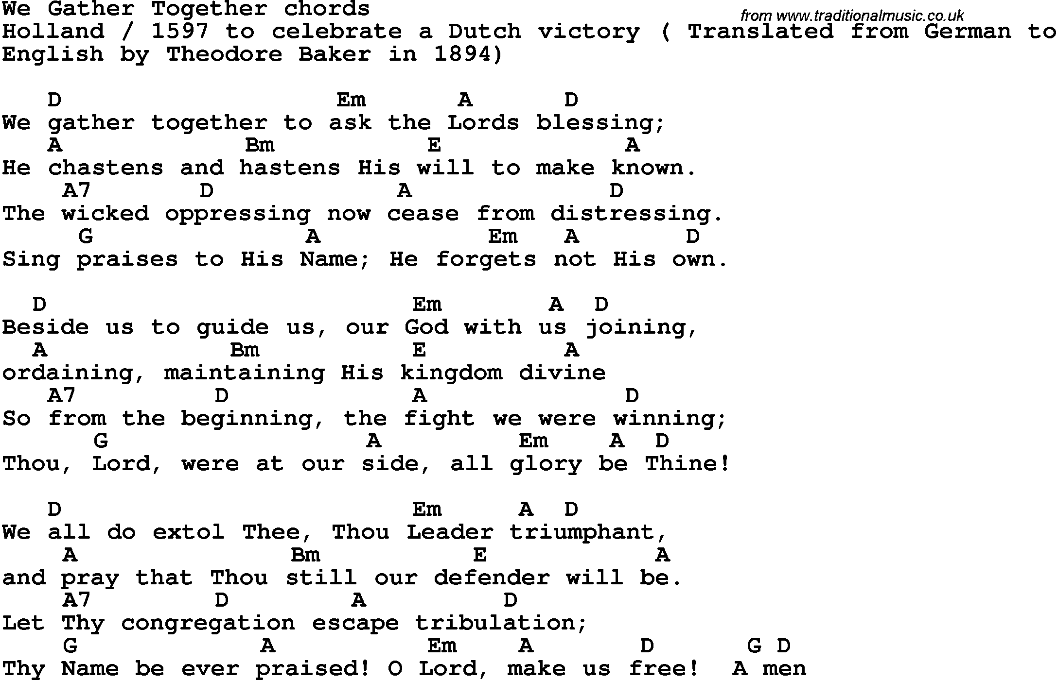 Song Lyrics with guitar chords for We Gather Together