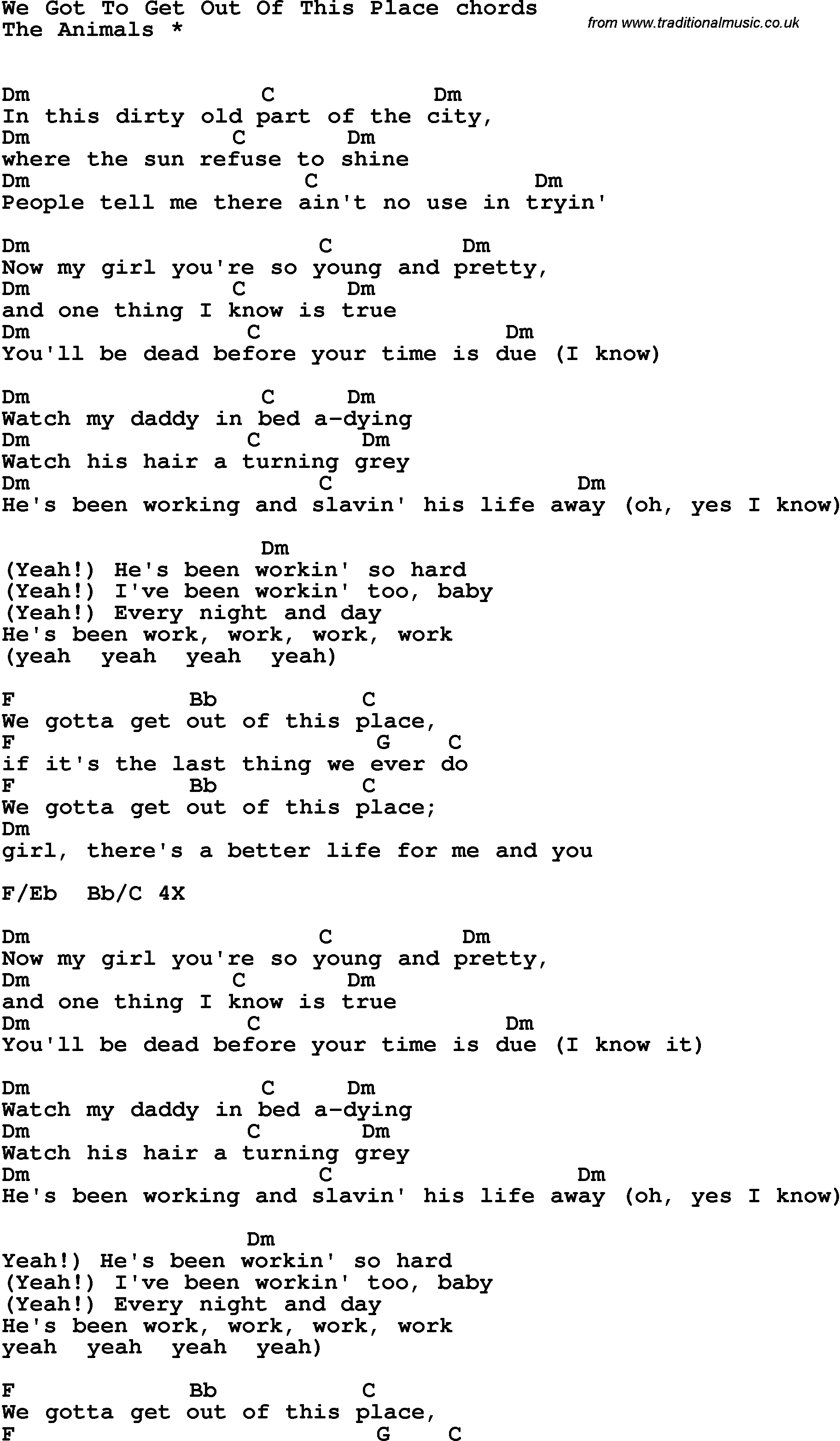 Song Lyrics with guitar chords for We Got To Get Out Of This Place