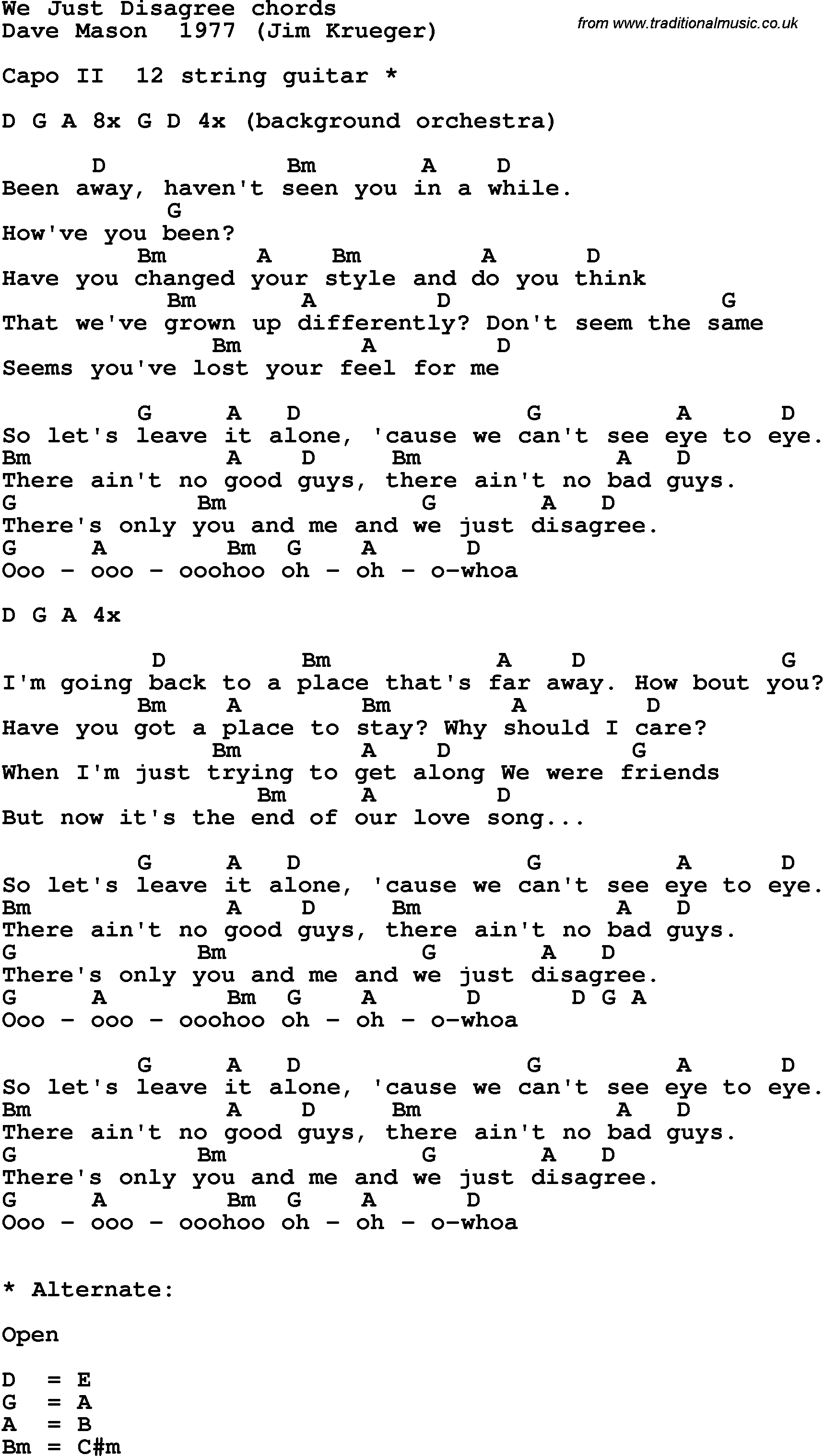 Song Lyrics with guitar chords for We Just Disagree