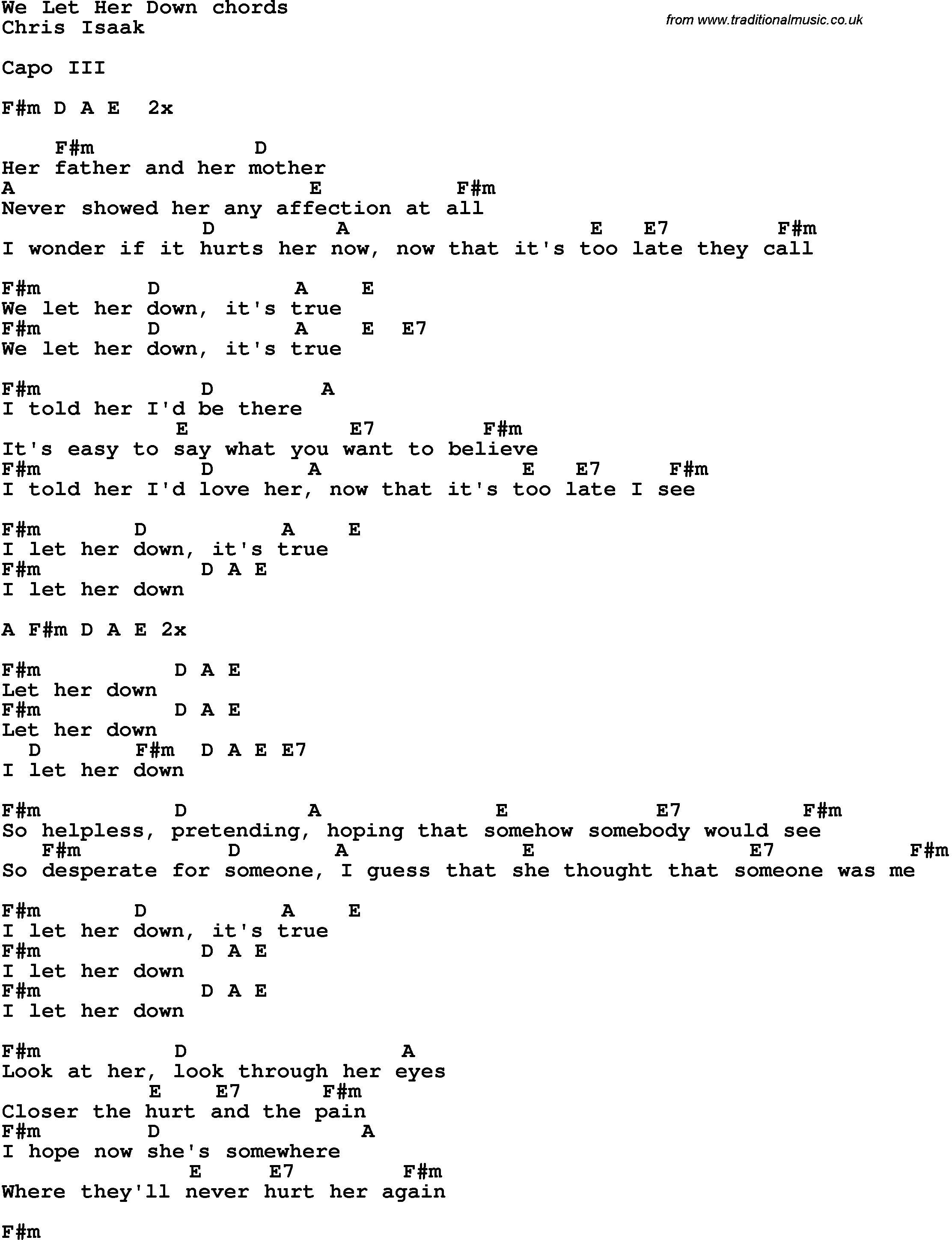 Song Lyrics with guitar chords for We Let Her Down