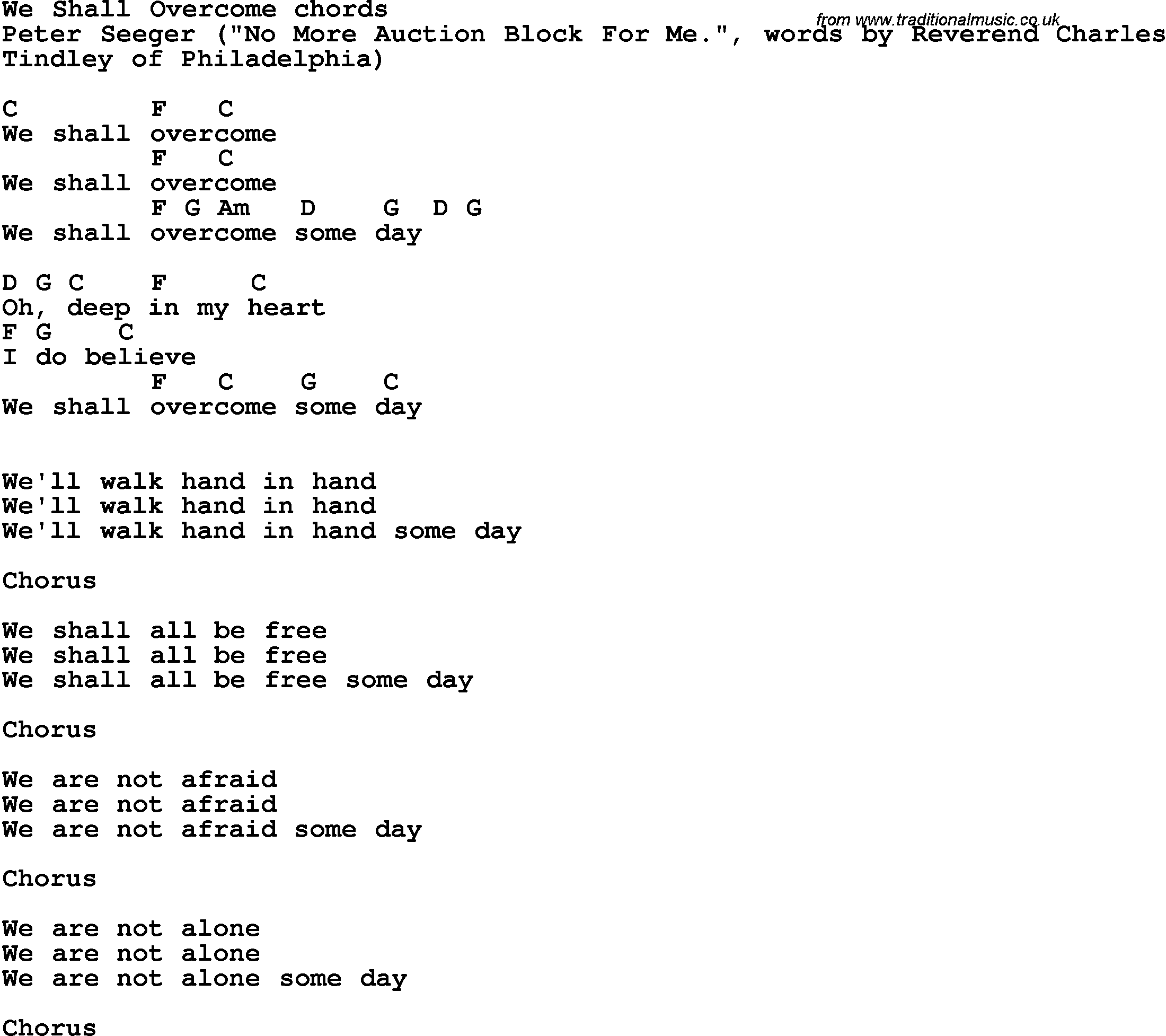 Song Lyrics with guitar chords for We Shall Overcome
