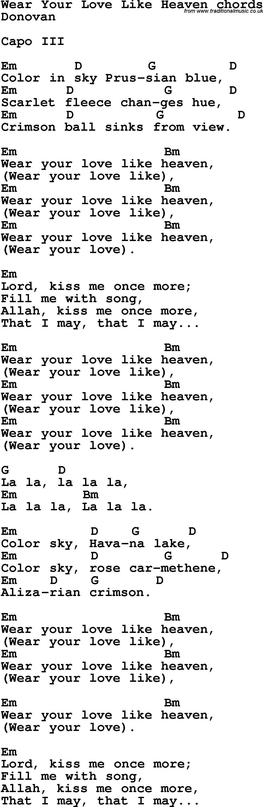Song Lyrics with guitar chords for Wear Your Love Like Heaven