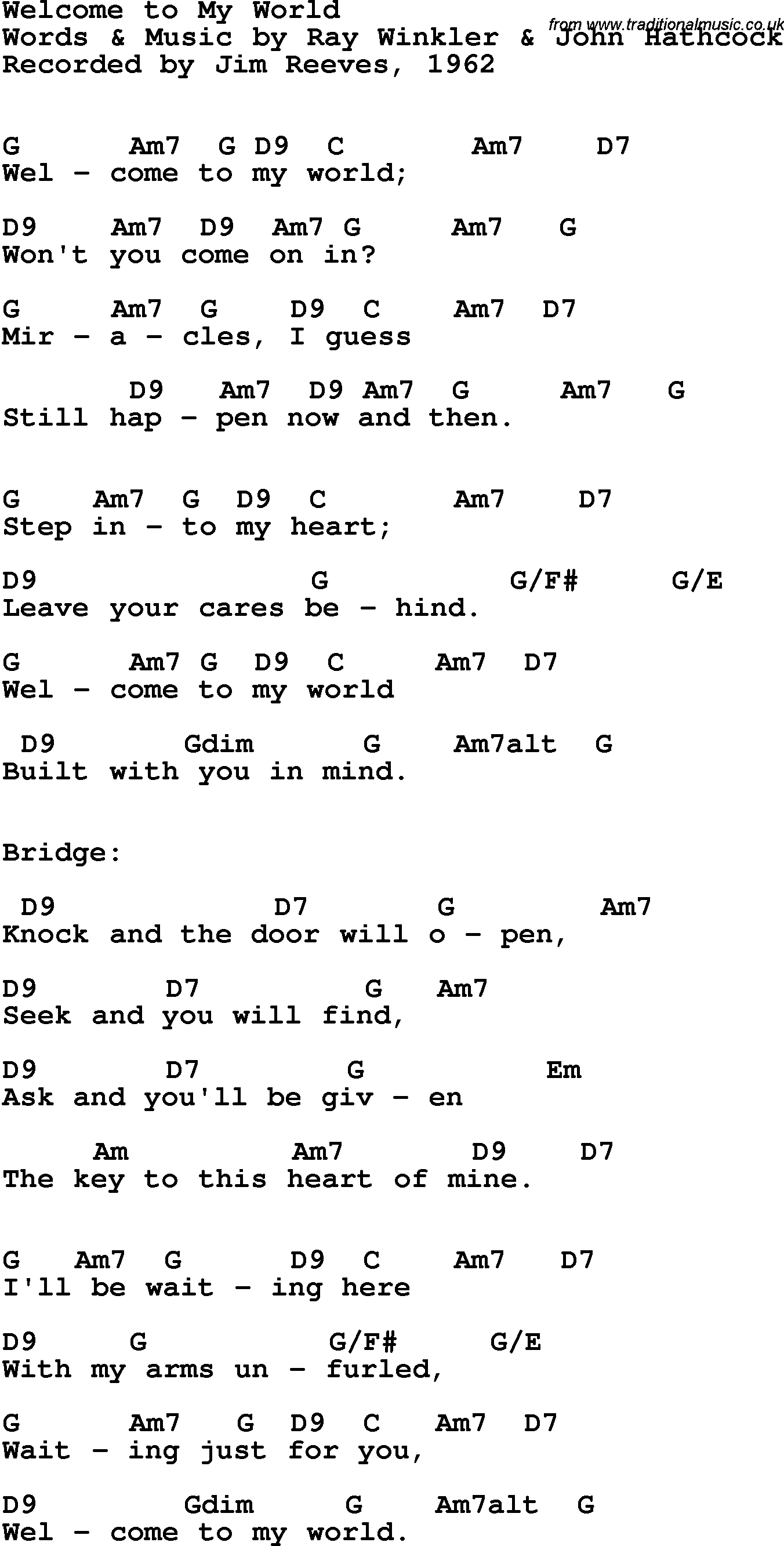 Song Lyrics with guitar chords for Welcome To My World - Jim Reeves, 1962
