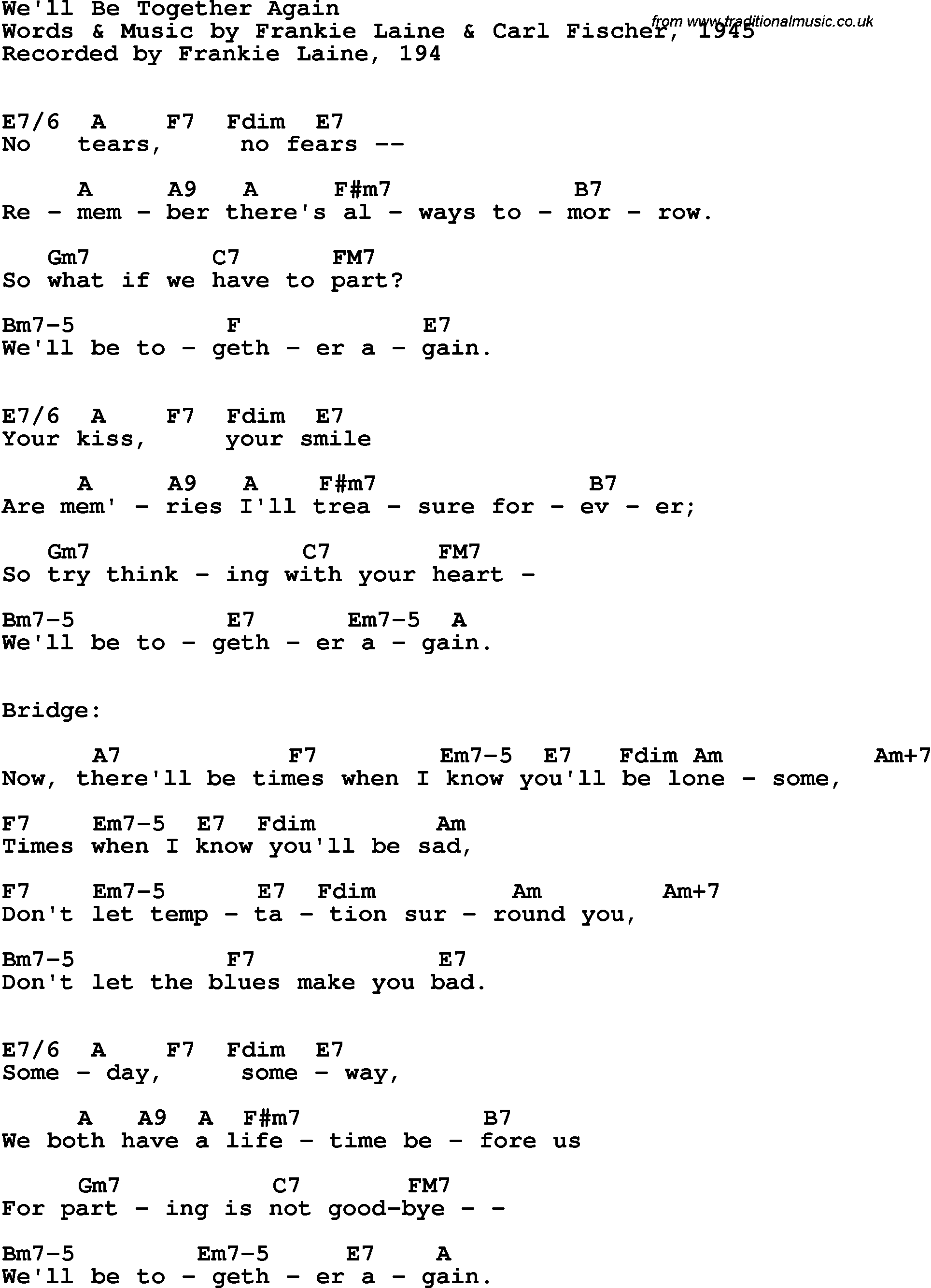 Song Lyrics with guitar chords for We'll Be Together Again- Frankie Laine, 1945
