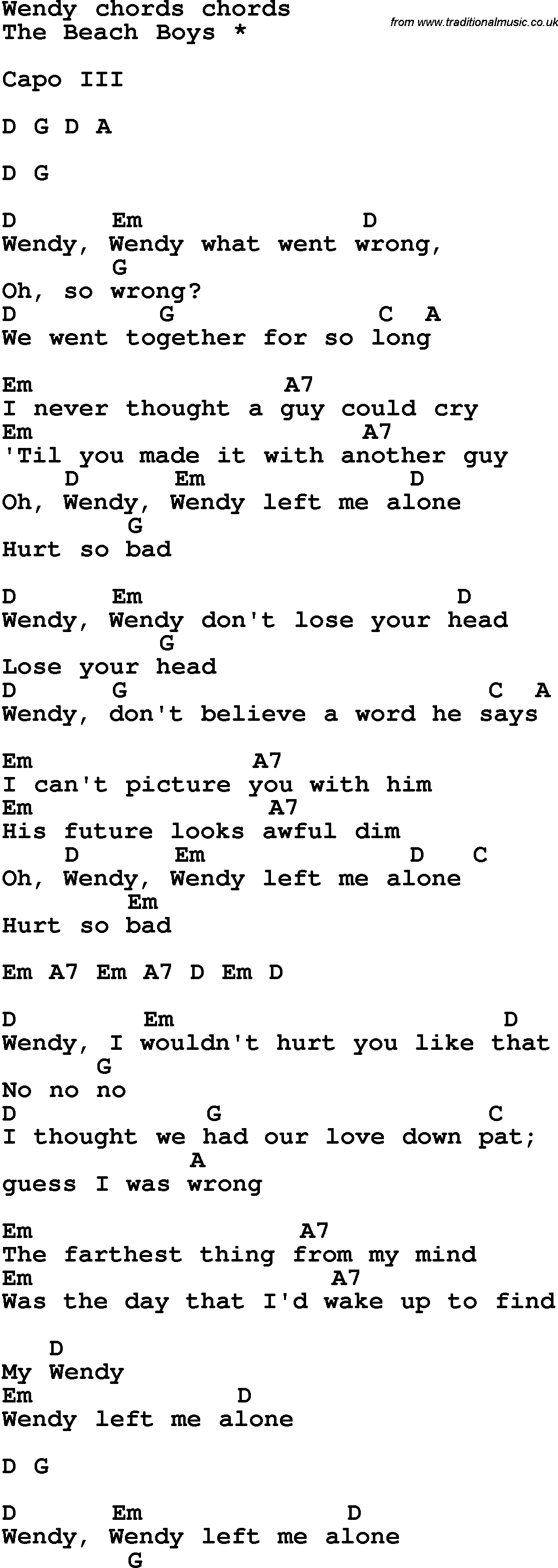 Song Lyrics with guitar chords for Wendy