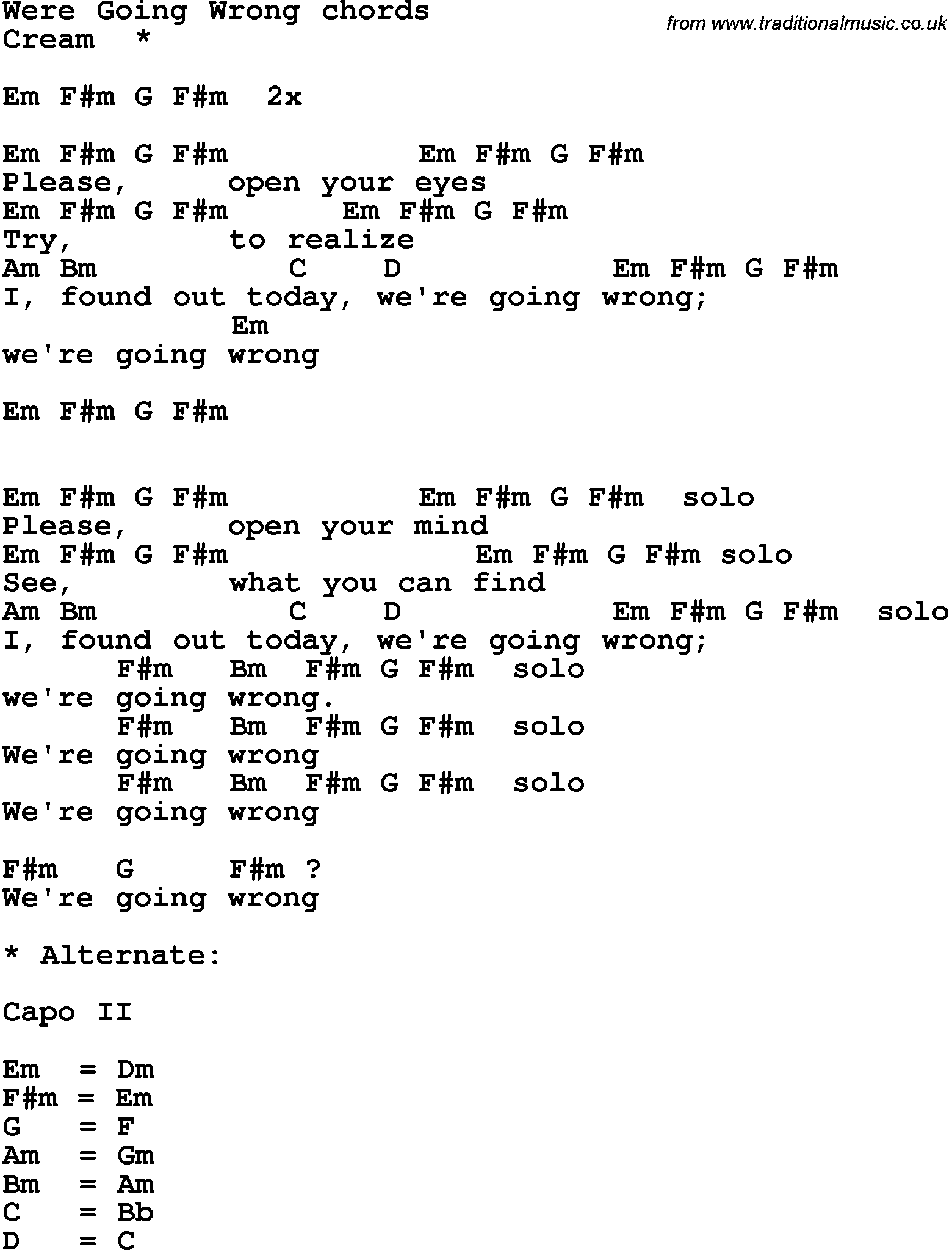 Song Lyrics with guitar chords for We're Going Wrong
