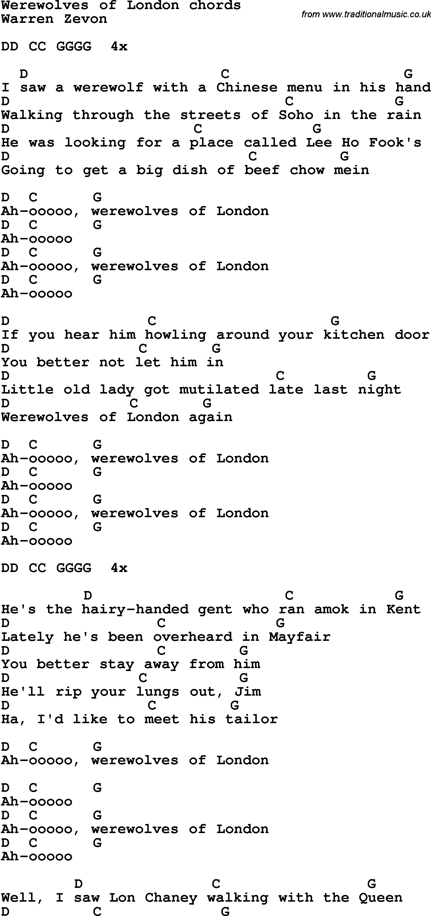 Song Lyrics with guitar chords for Werewolves Of London