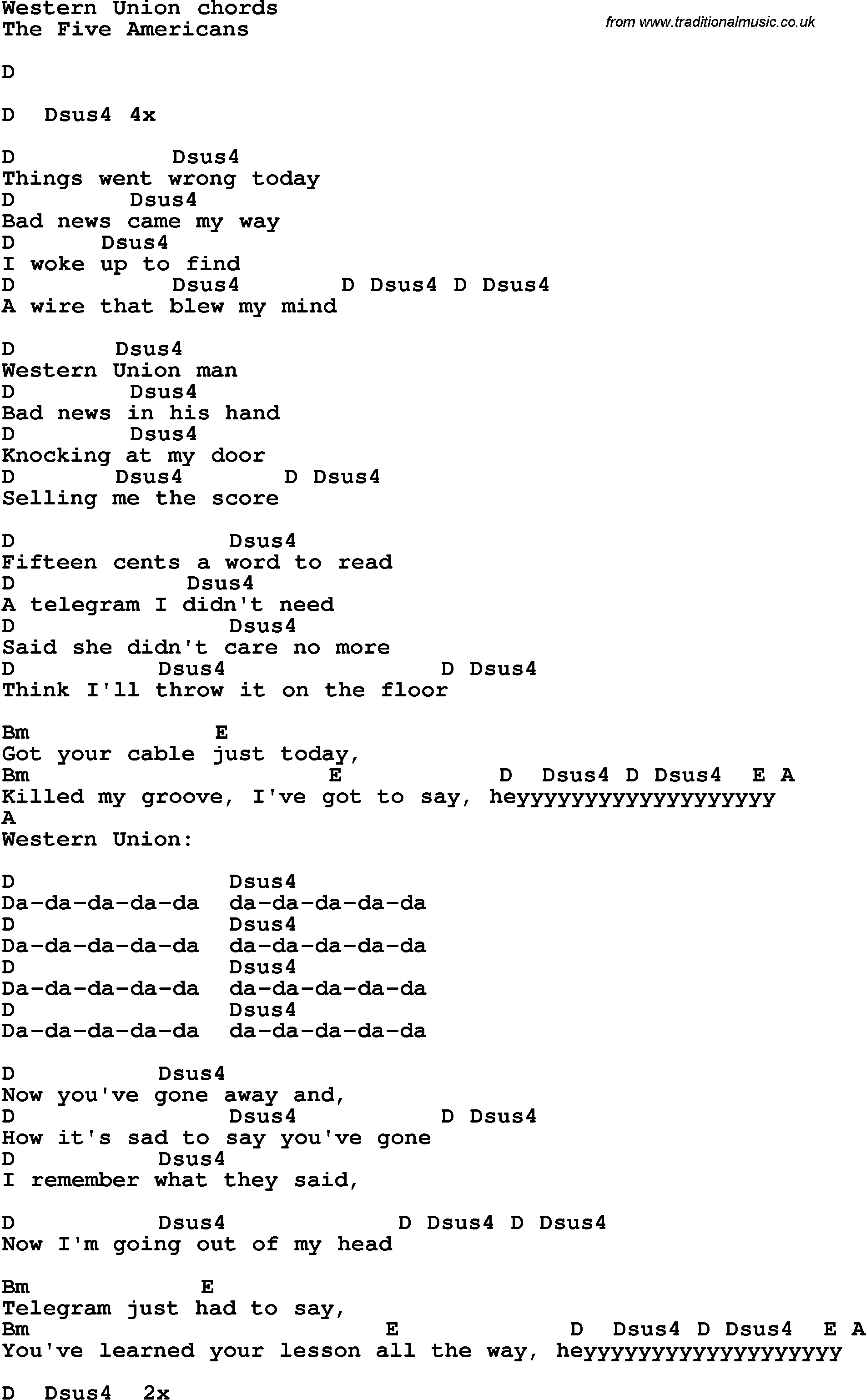 Song Lyrics with guitar chords for Western Union