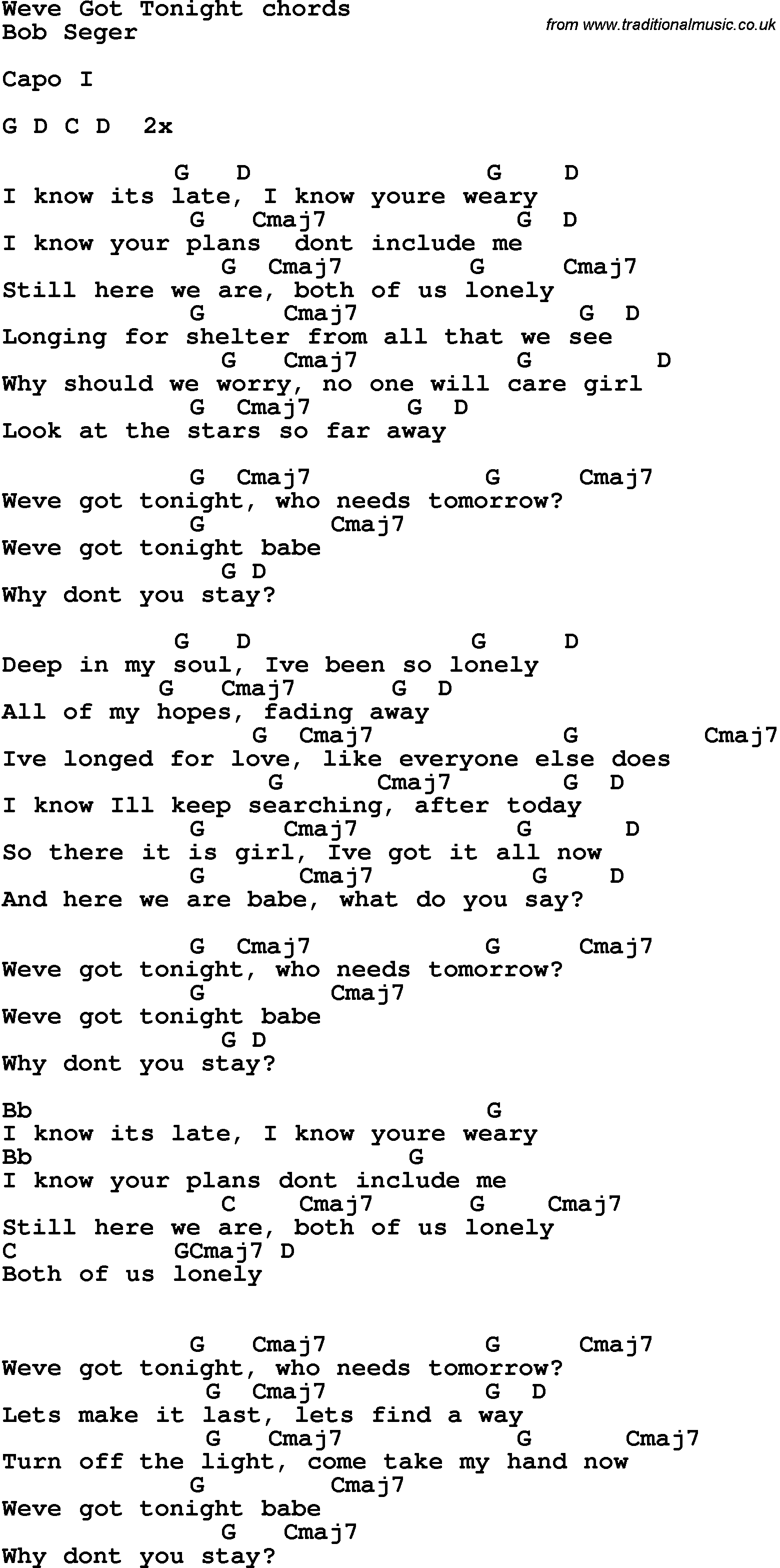 Song Lyrics with guitar chords for We've Got Tonight