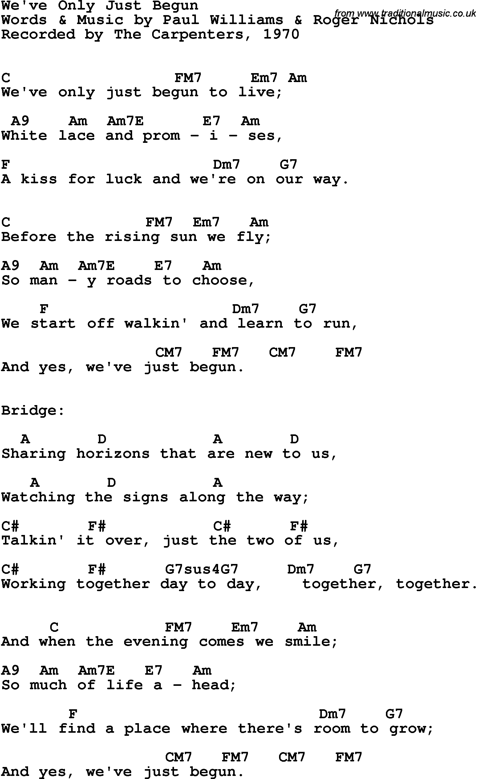 Song Lyrics with guitar chords for We've Only Just Begun - Carpenters, The, 1970