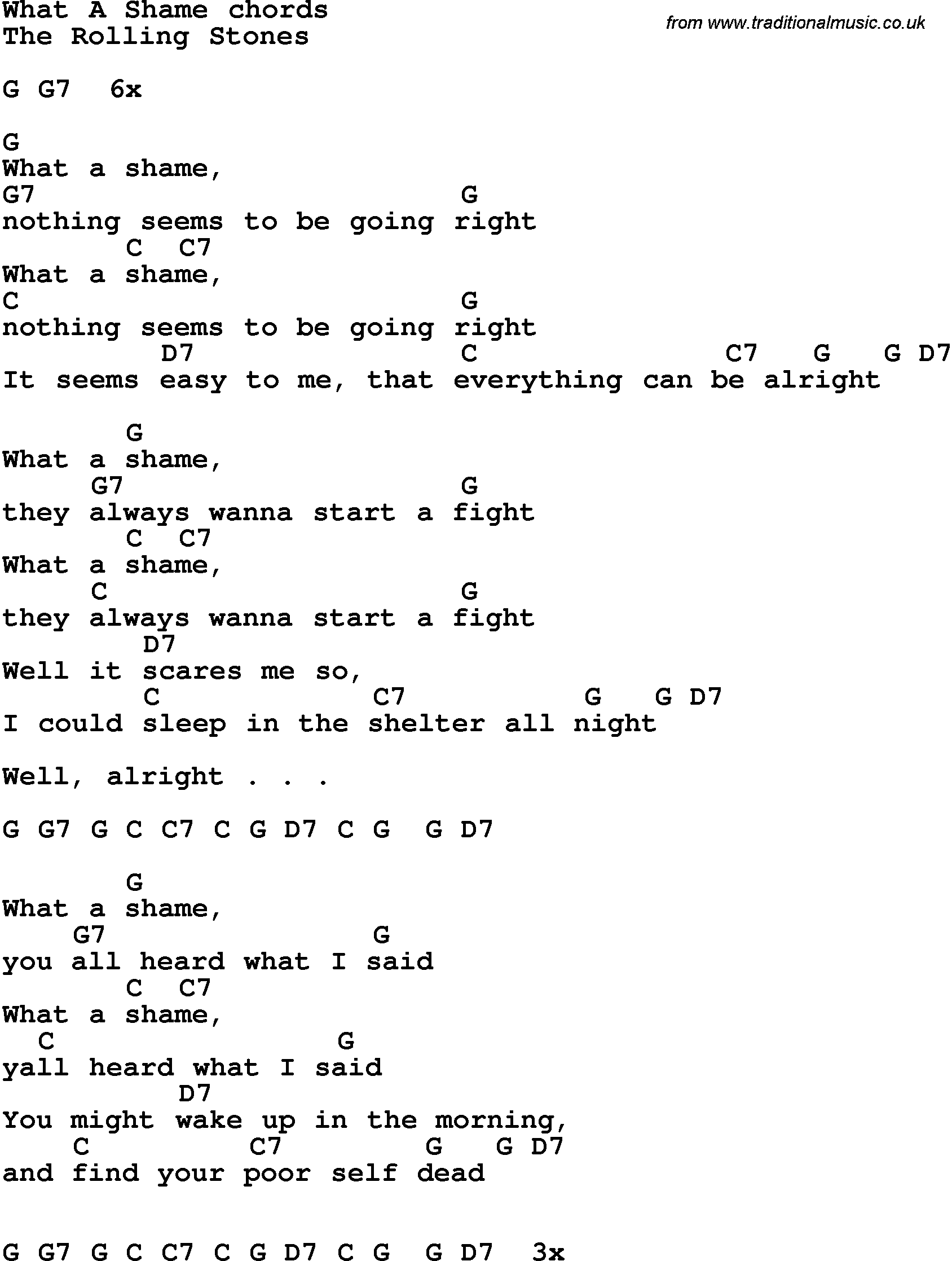 Song Lyrics with guitar chords for What A Shame