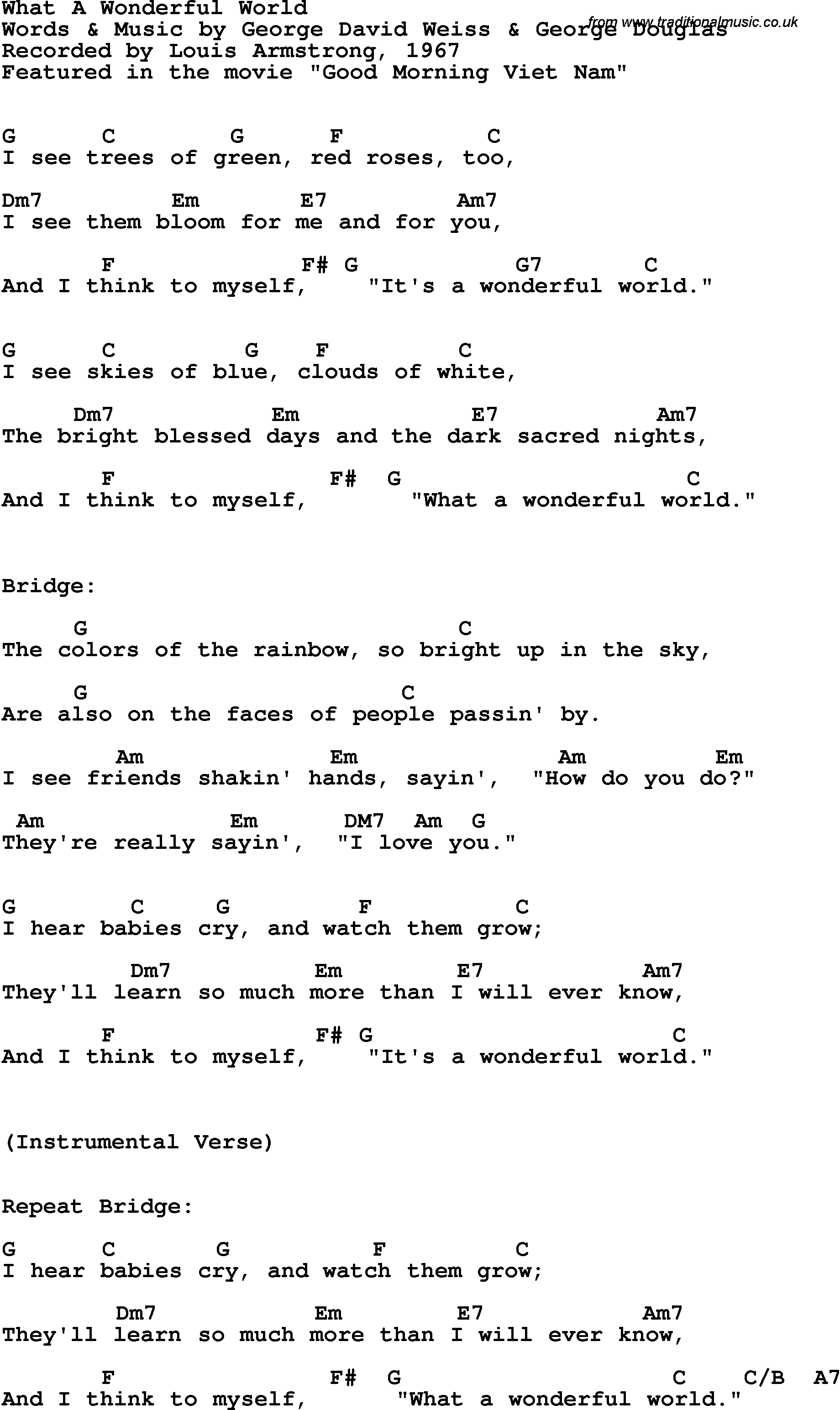 Song Lyrics with guitar chords for What A Wonderful World - Louis Armstrong, 1967