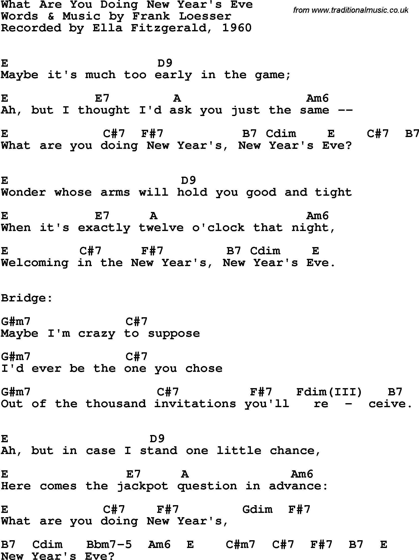 Song Lyrics with guitar chords for What Are You Doing New Year's Eve - Ella Fitzgerald, 1960