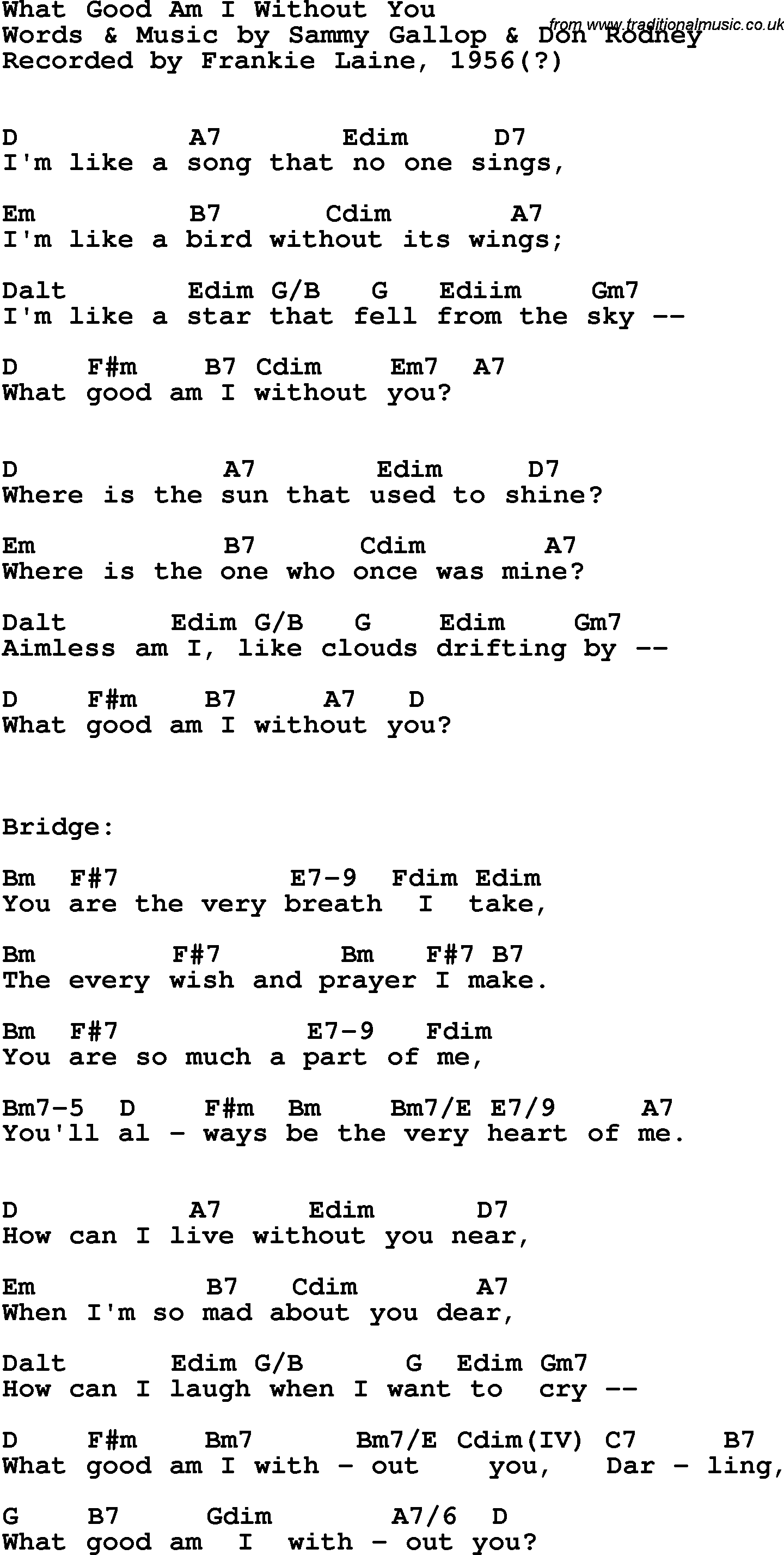 Song Lyrics with guitar chords for What Good Am I Without You - Frankie Laine 1956