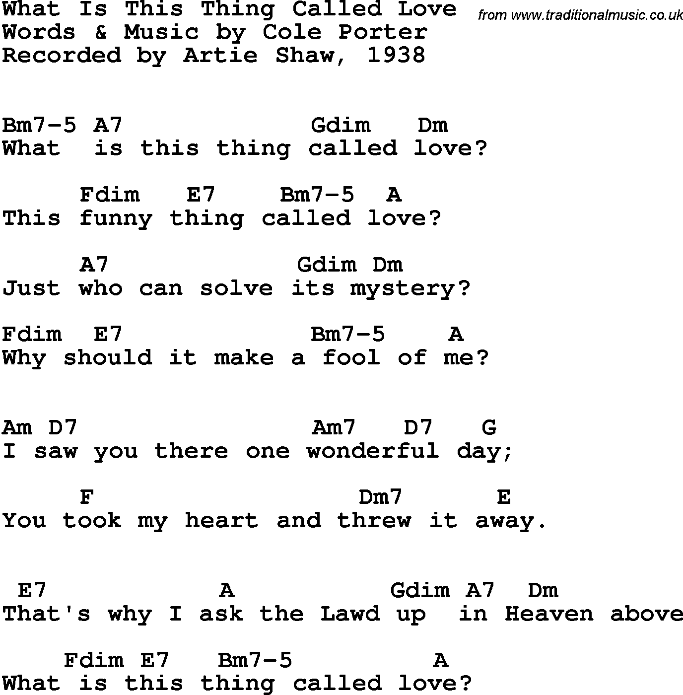 Song Lyrics with guitar chords for What Is This Thing Called Love - Artie Shaw, 1938