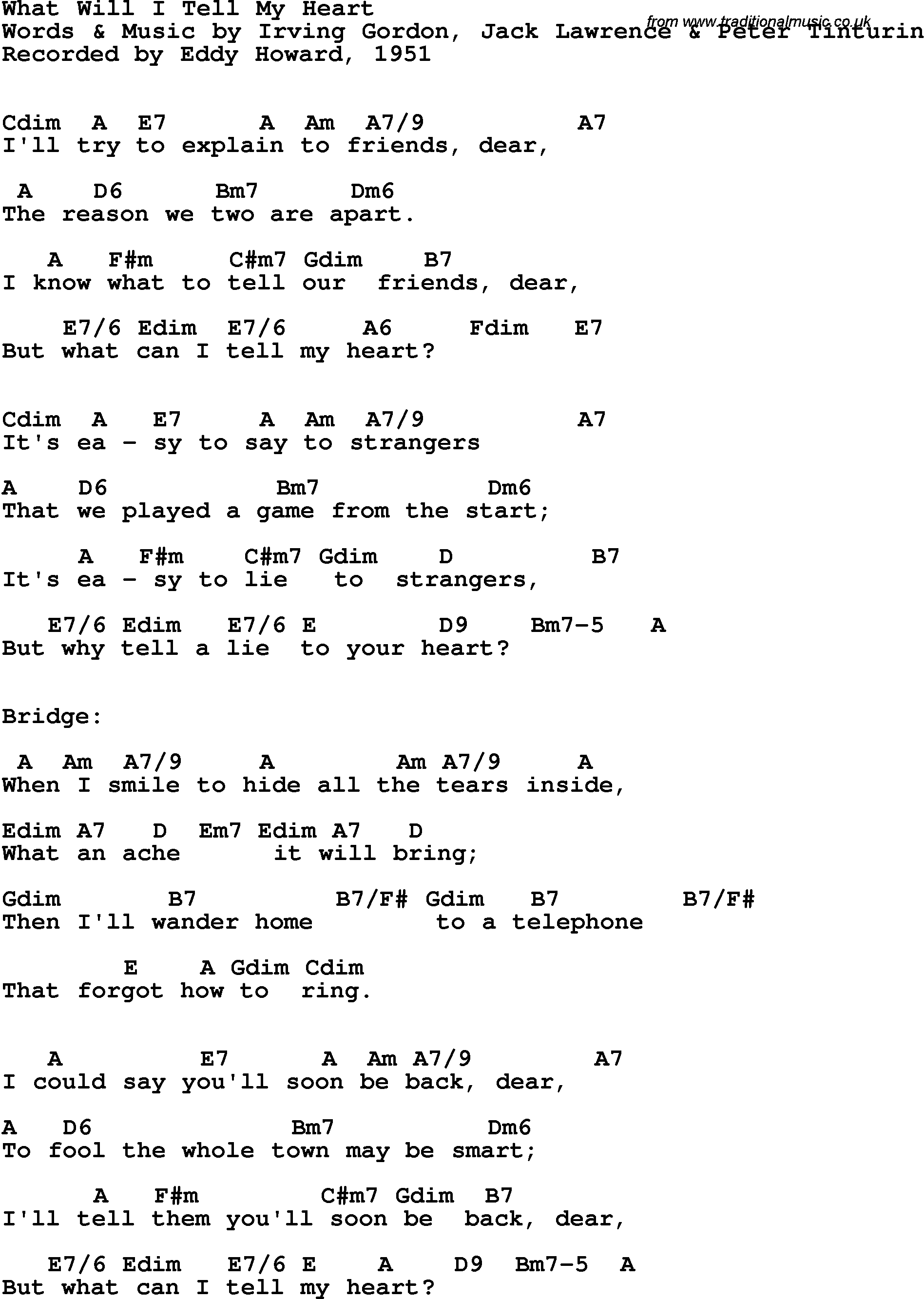 Song Lyrics with guitar chords for What Will I Tell My Heart - Eddy Howard, 1951