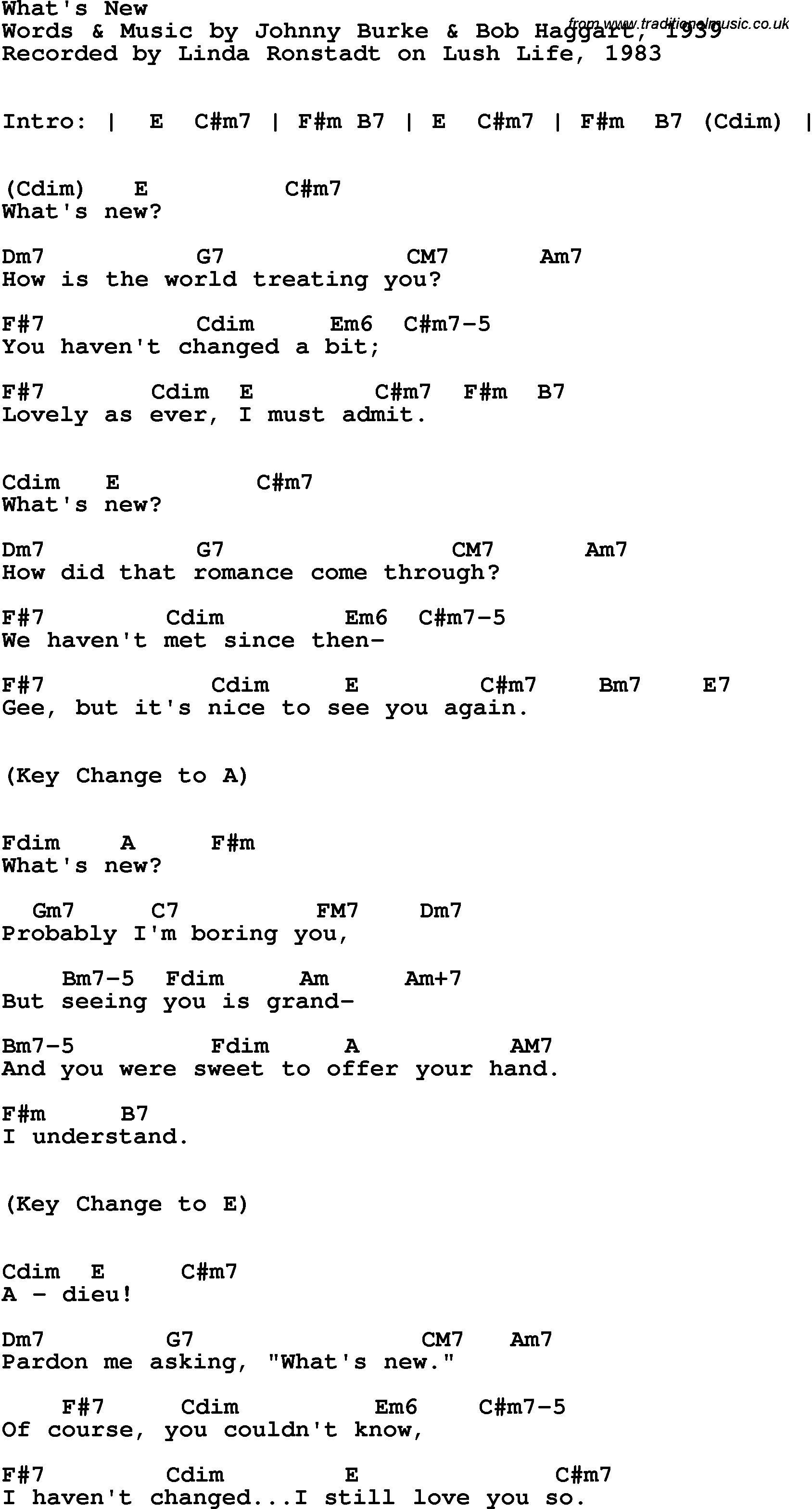 Song Lyrics with guitar chords for What's New - Linda Ronstadt, 1983