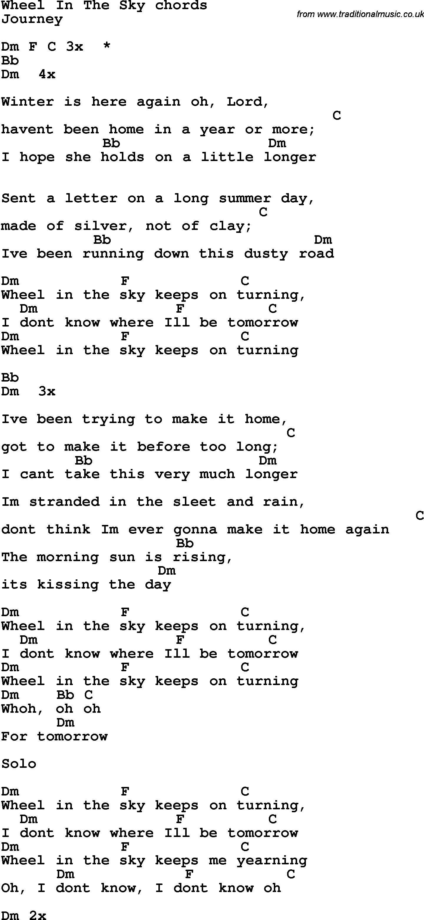 Song Lyrics with guitar chords for Wheel In The Sky