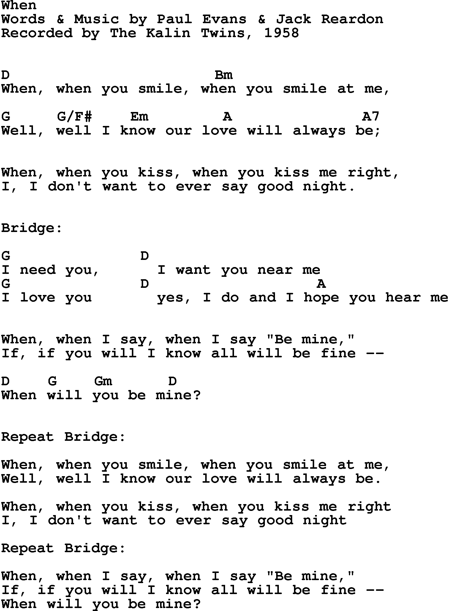 Song Lyrics with guitar chords for When - The Kalin Twins, 1958