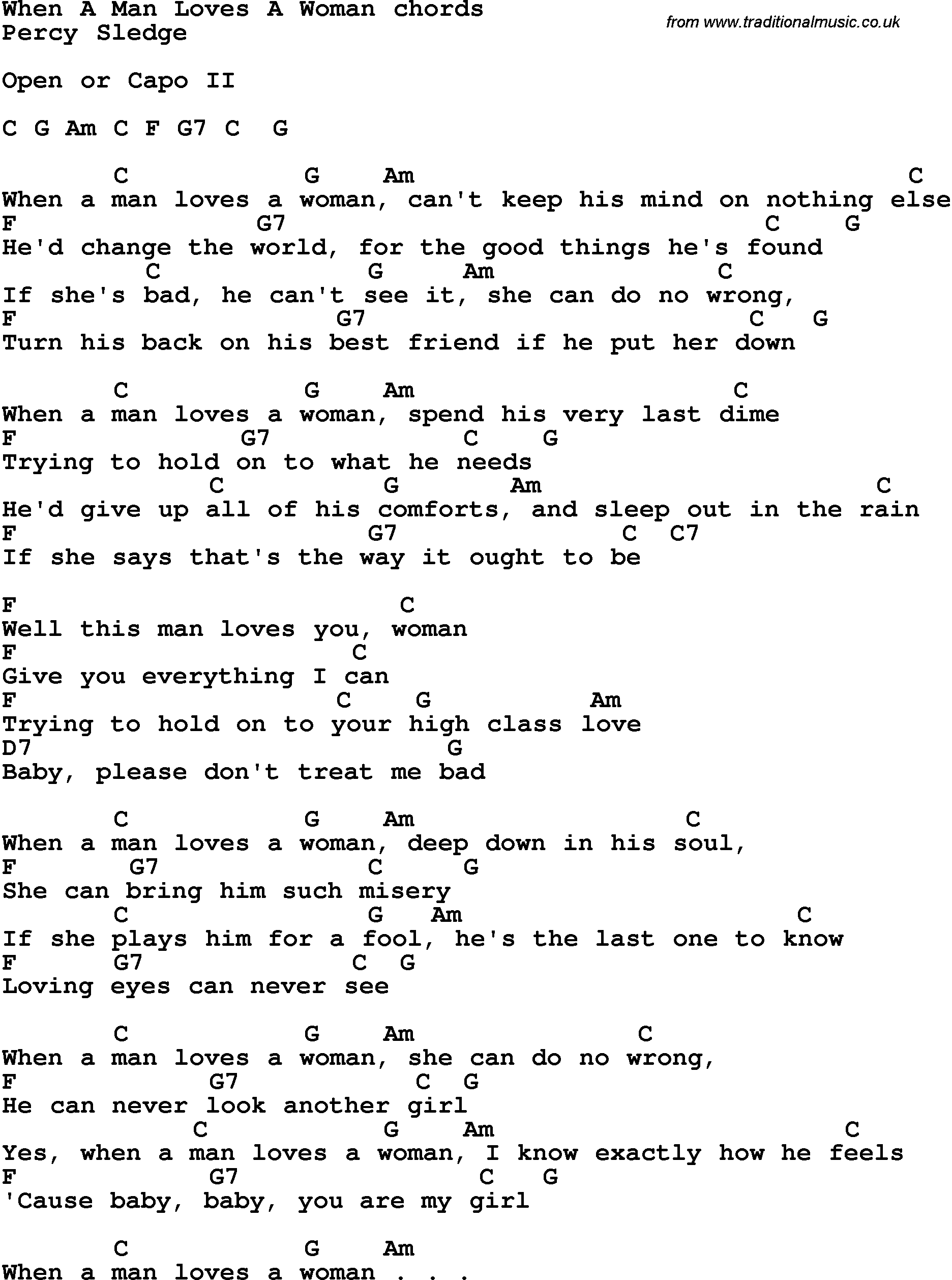 Song Lyrics with guitar chords for When A Man Loves A Woman