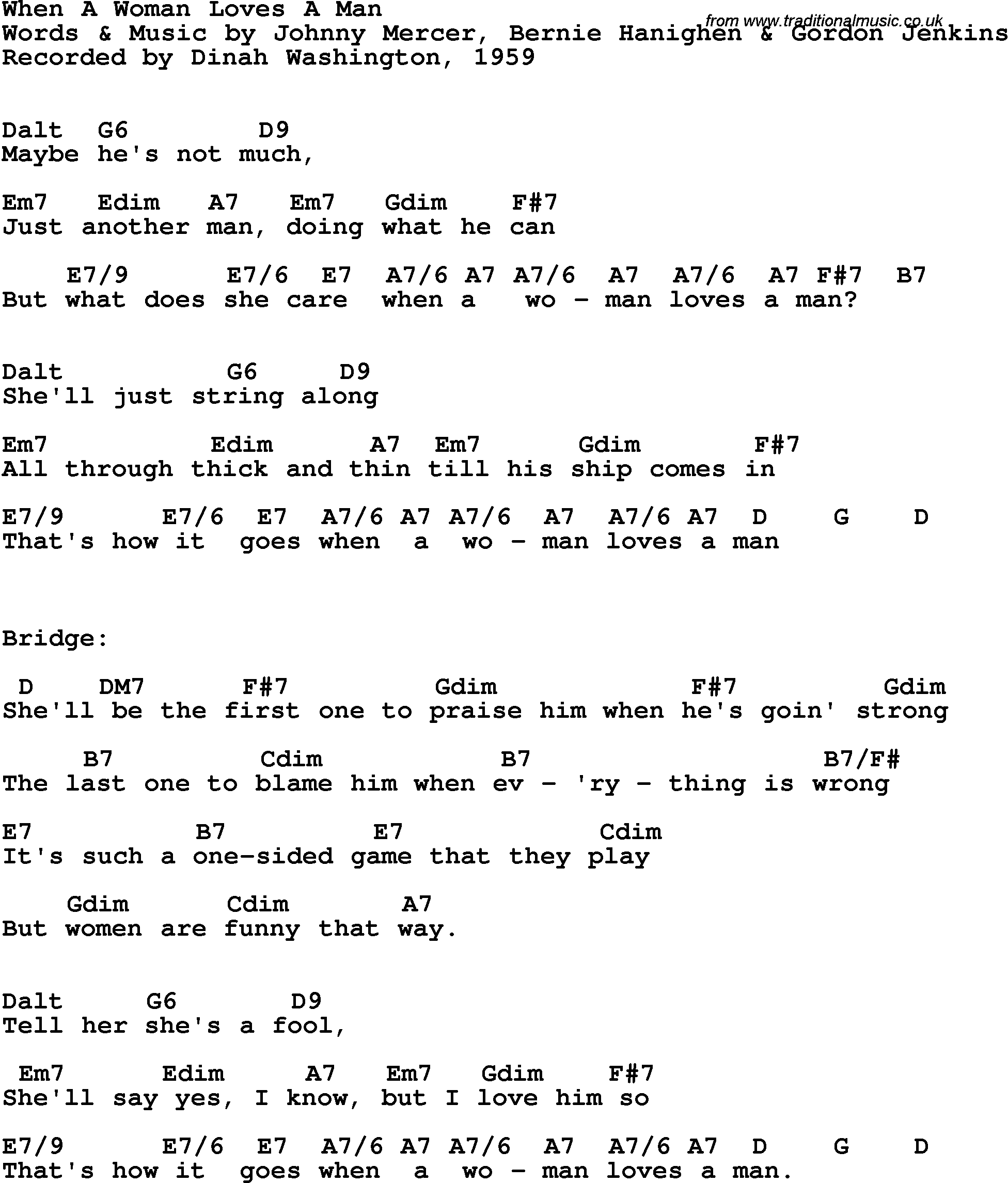 Song Lyrics with guitar chords for When A Woman Loves A Man - Dinah Washington, 1959