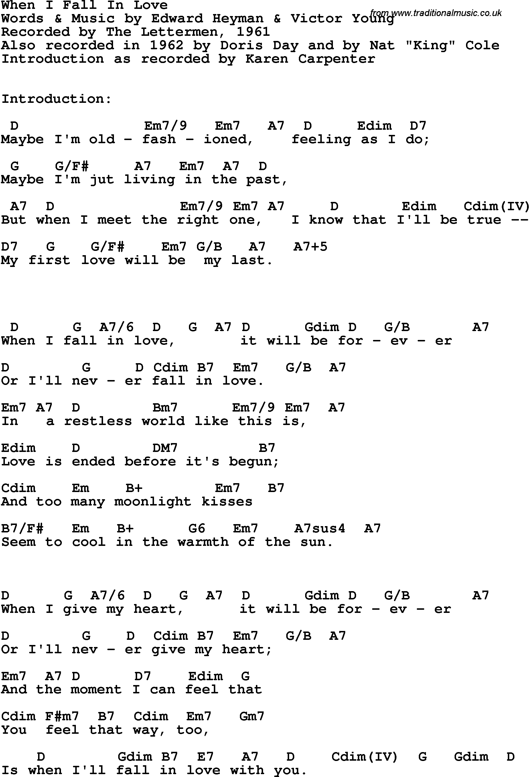 Song Lyrics with guitar chords for When I Fall In Love - The Lettermen, 1961