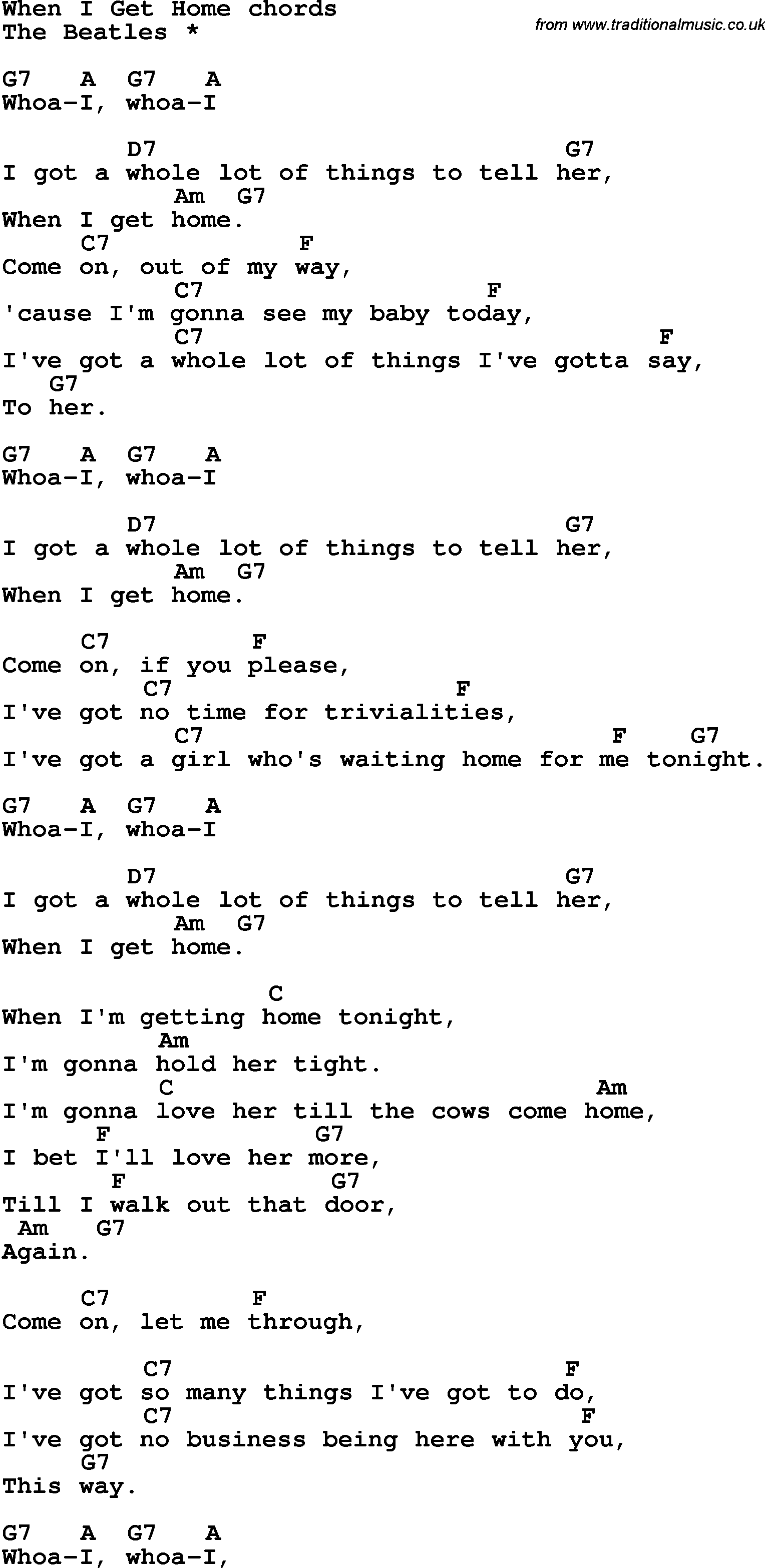Song Lyrics with guitar chords for When I Get Home