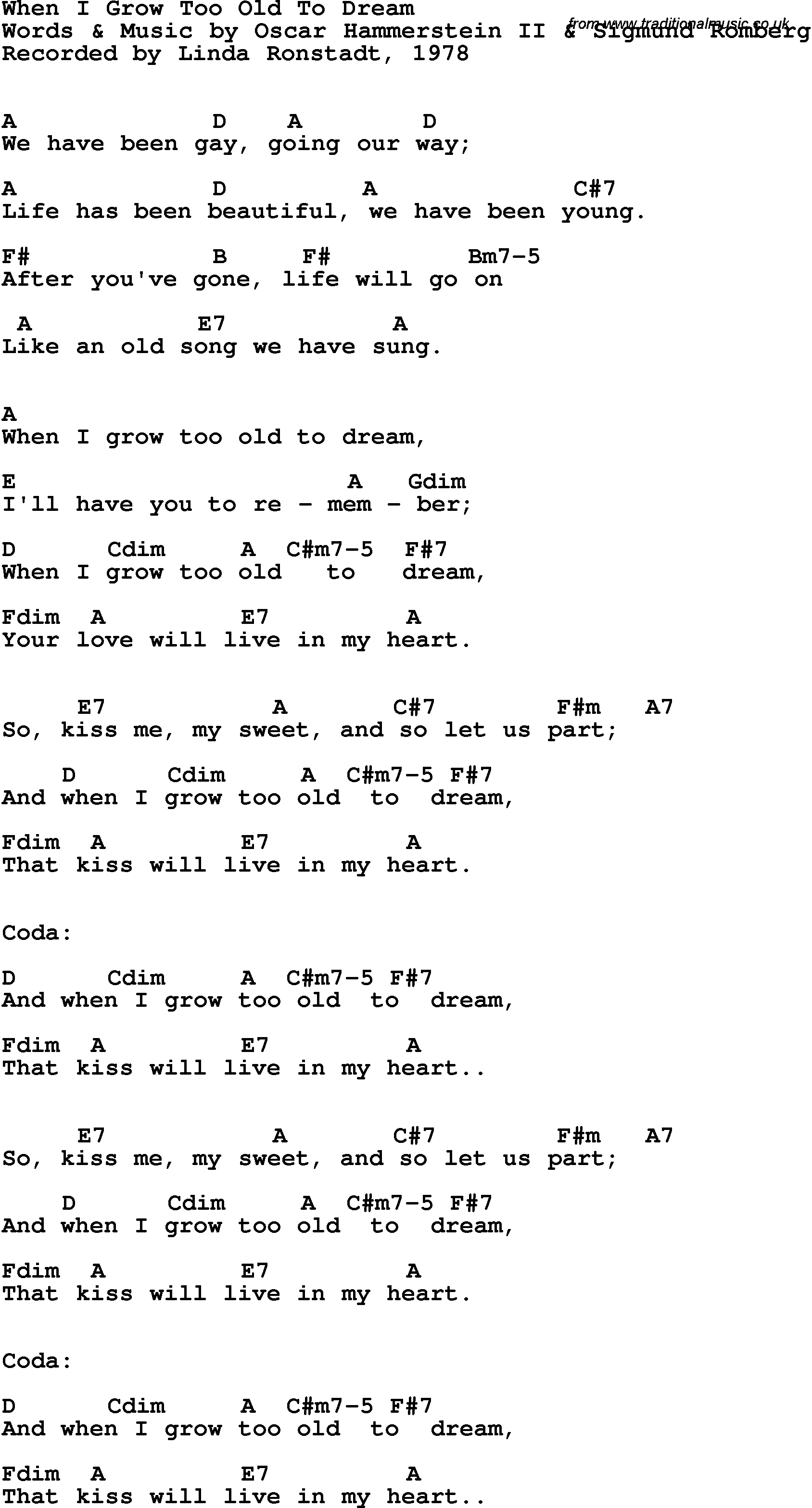 Song Lyrics with guitar chords for When I Grow Too Old To Dream - Linda Ronstadt, 1978