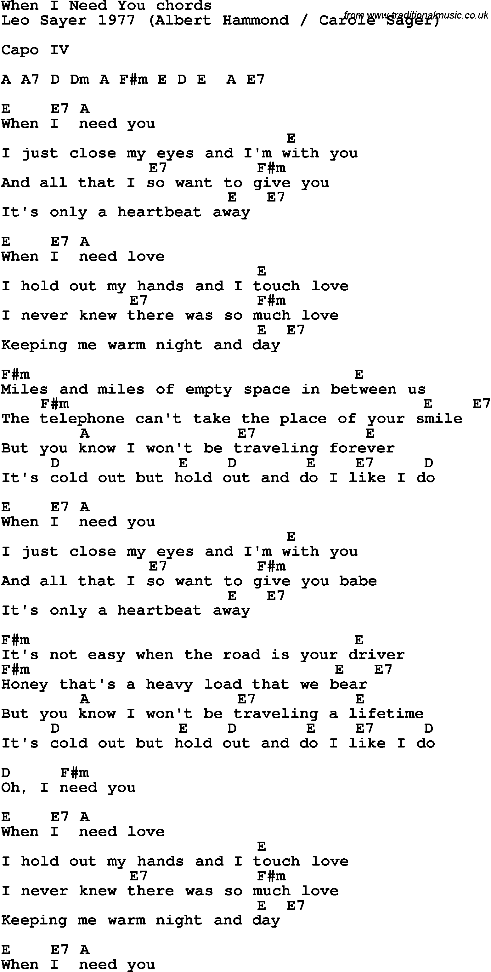 Song Lyrics with guitar chords for When I Need You