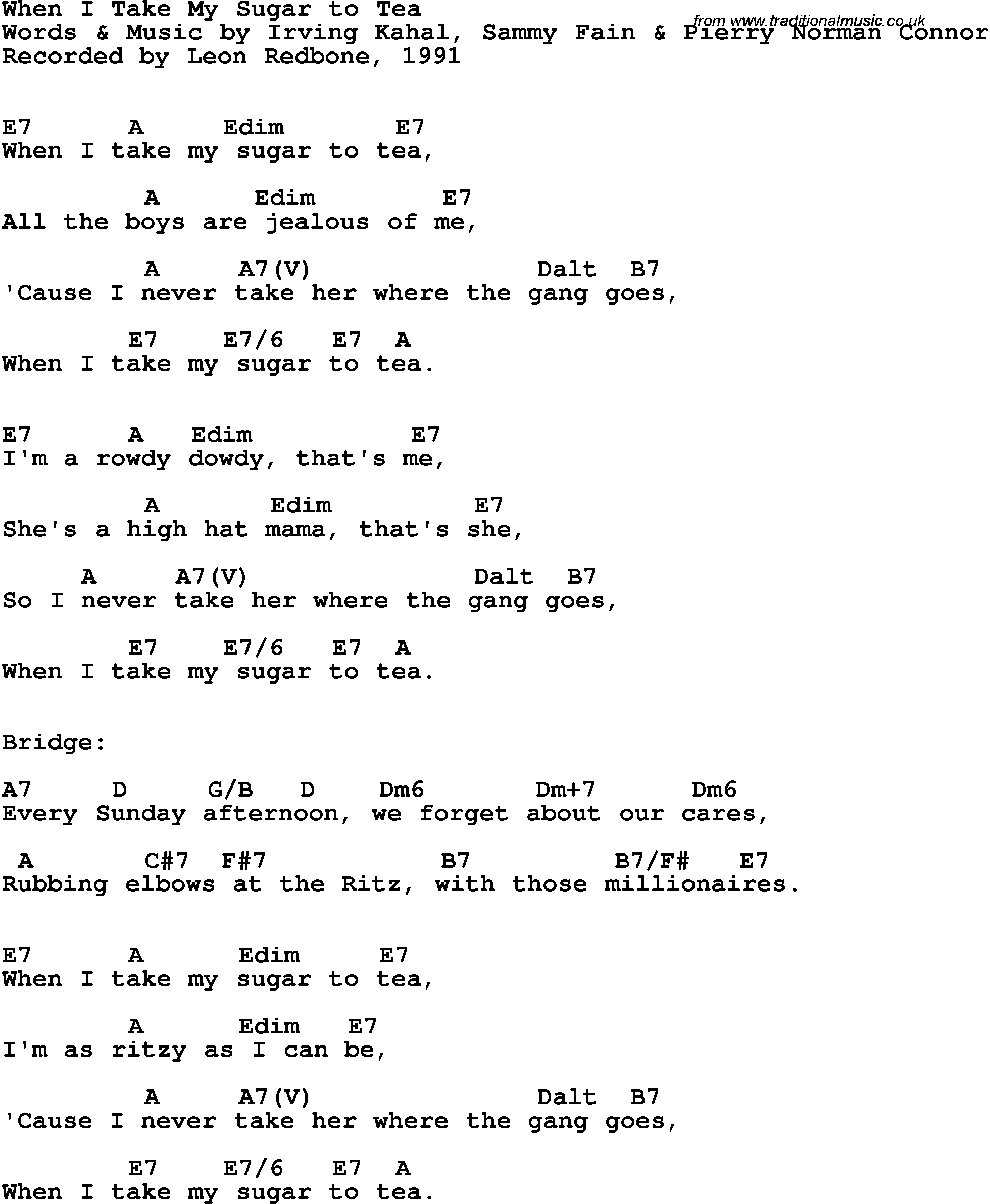 Song Lyrics with guitar chords for When I Take My Sugar To Tea - Leon  Redbone, 1991