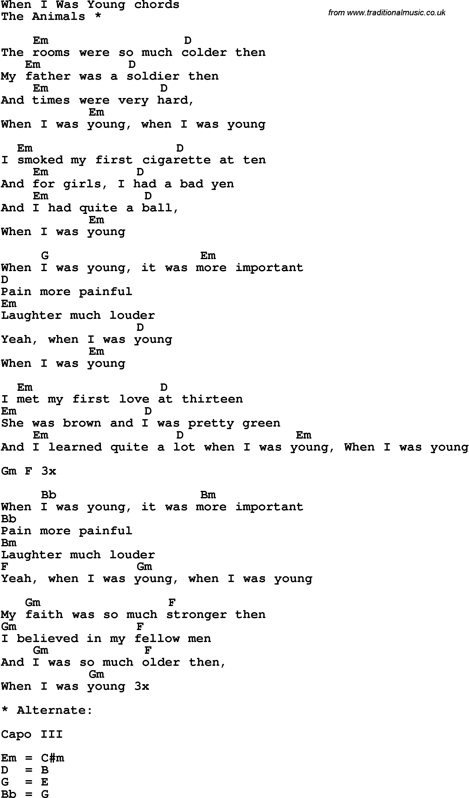 Song Lyrics with guitar chords for When I Was Young