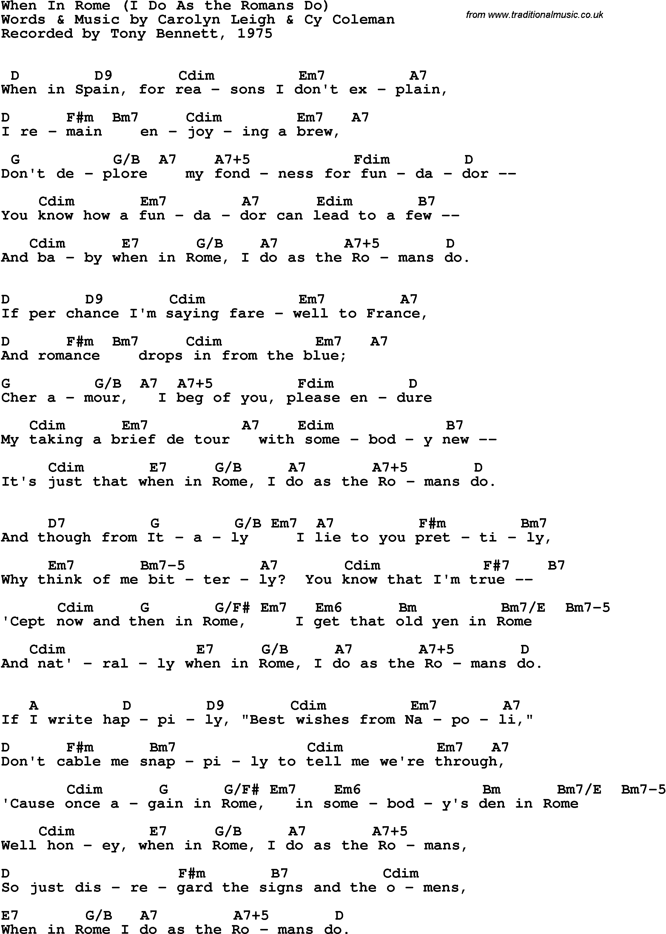Song Lyrics with guitar chords for When In Rome - Tony Bennett, 1975
