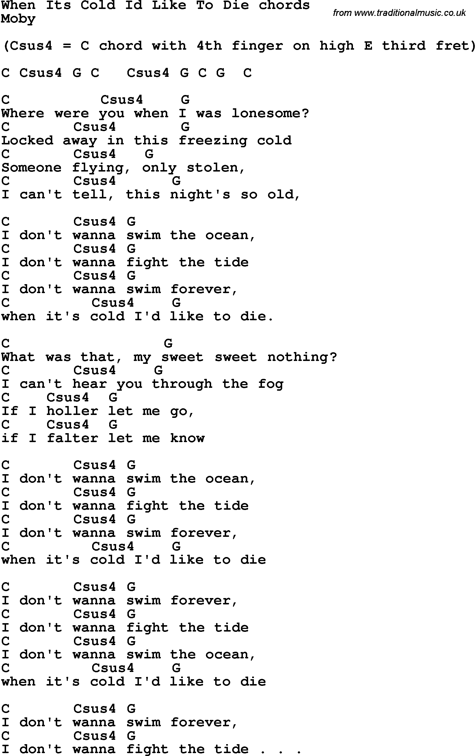 Song Lyrics with guitar chords for When It's Cold I'd Like To Die
