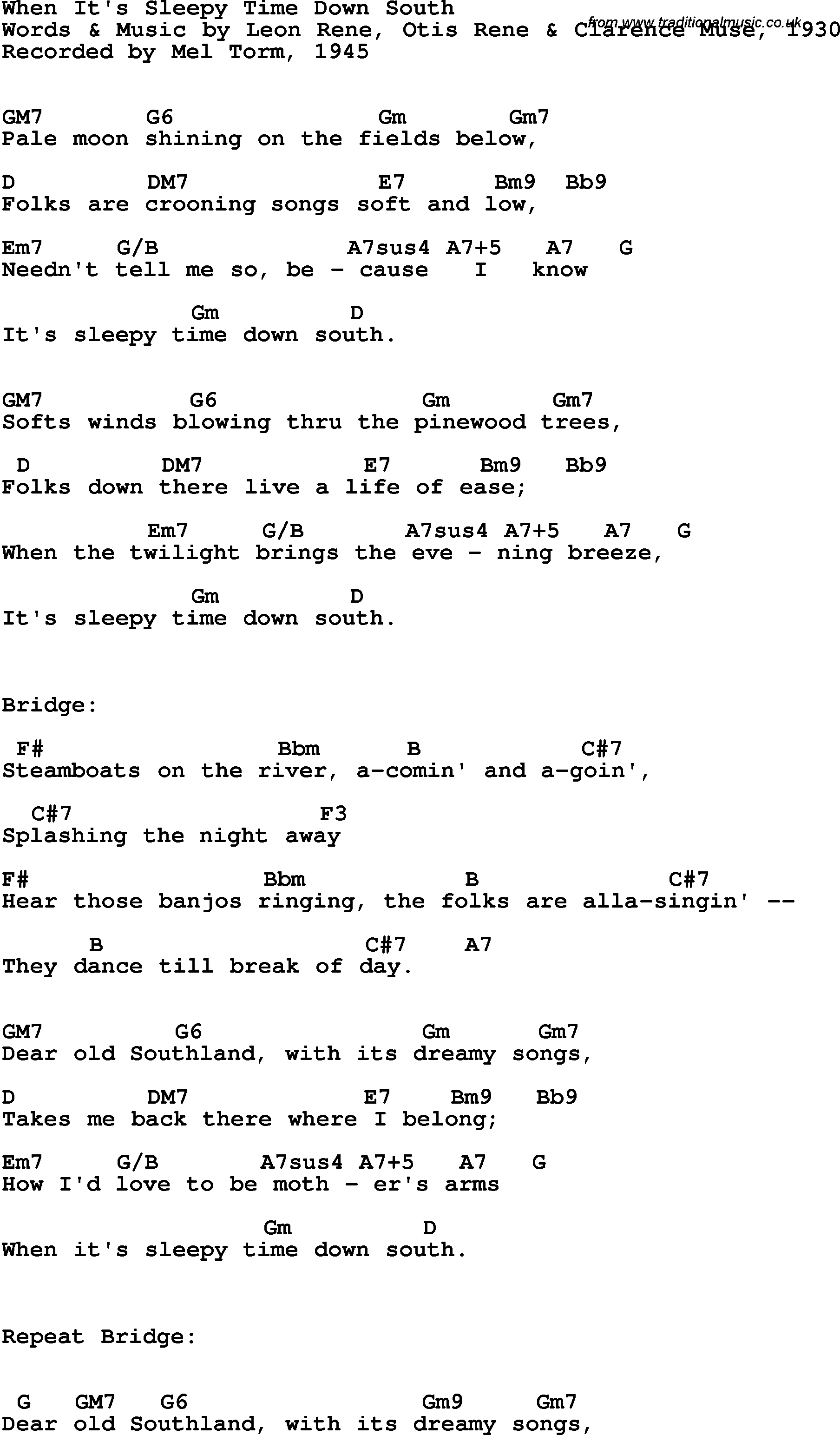 Song Lyrics with guitar chords for When It's Sleepy Time Down South - Mel Torme, 1945