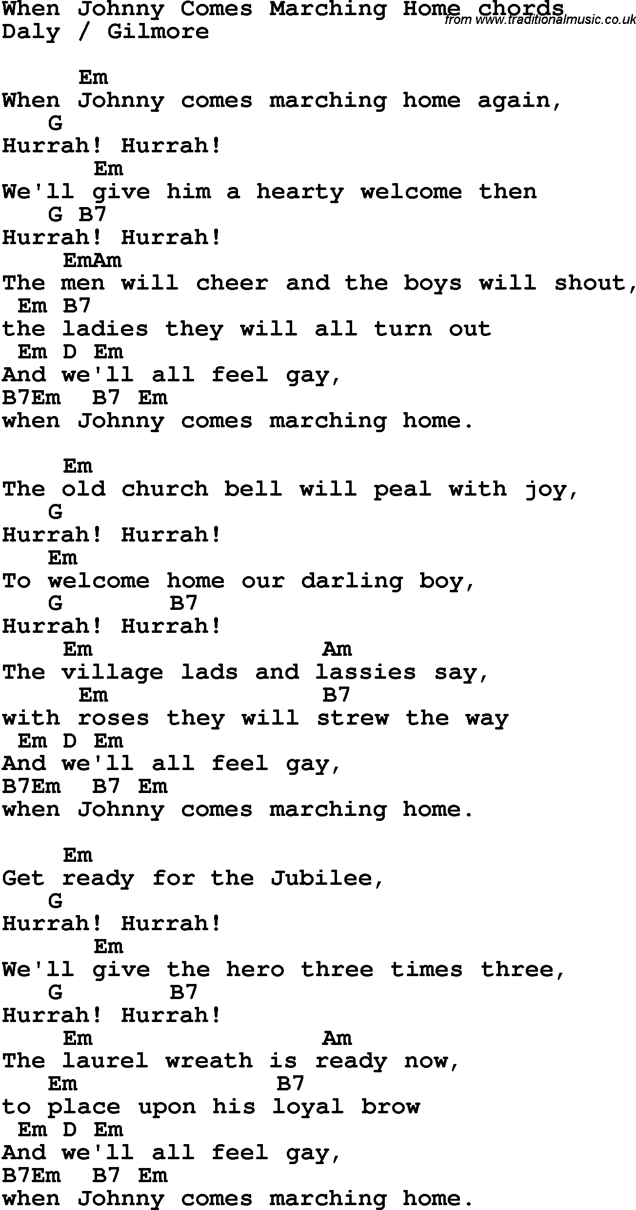Song Lyrics with guitar chords for When Johnny Comes Marching Home