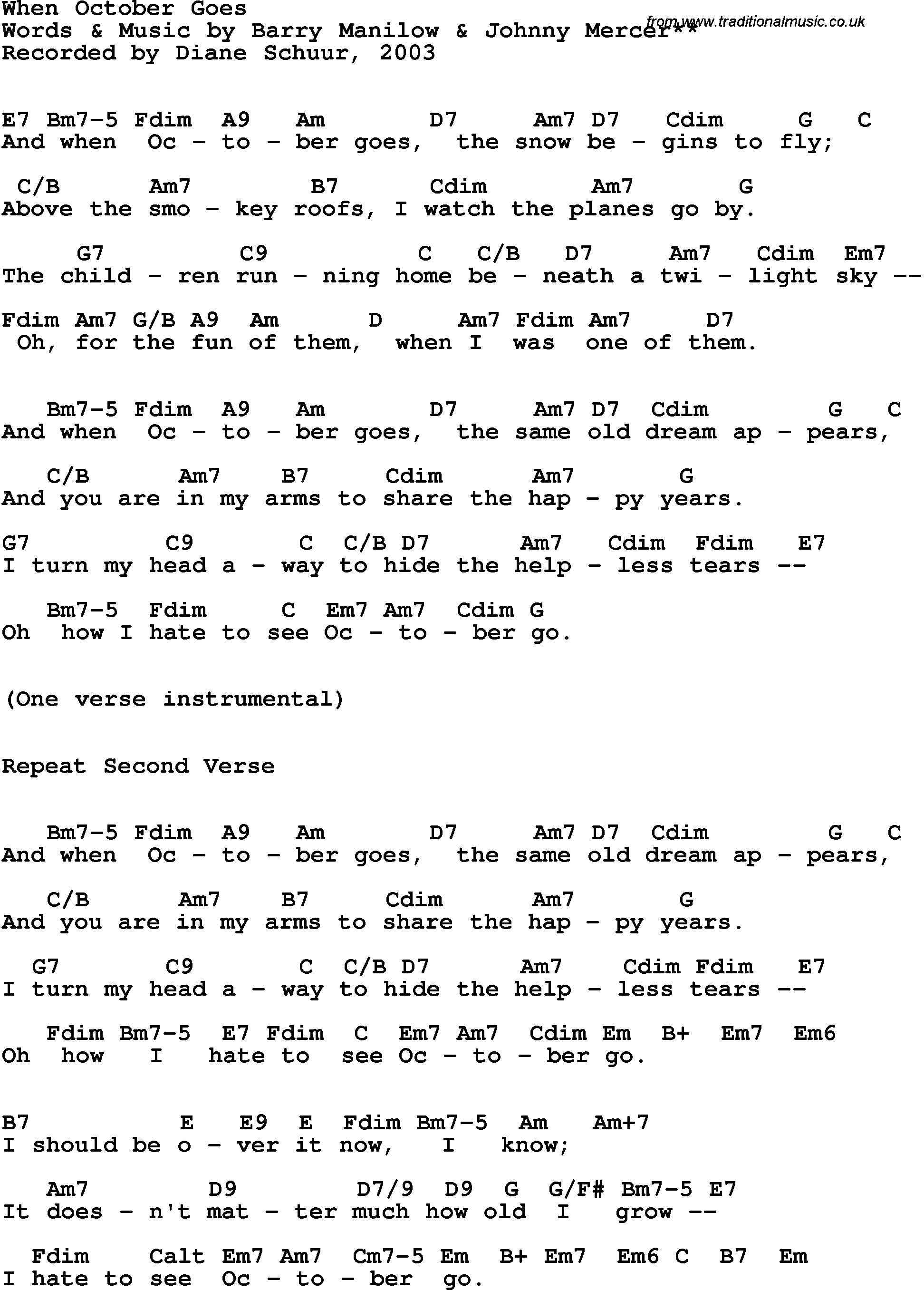 Song Lyrics with guitar chords for When October Goes - Diane Schuur, 2003
