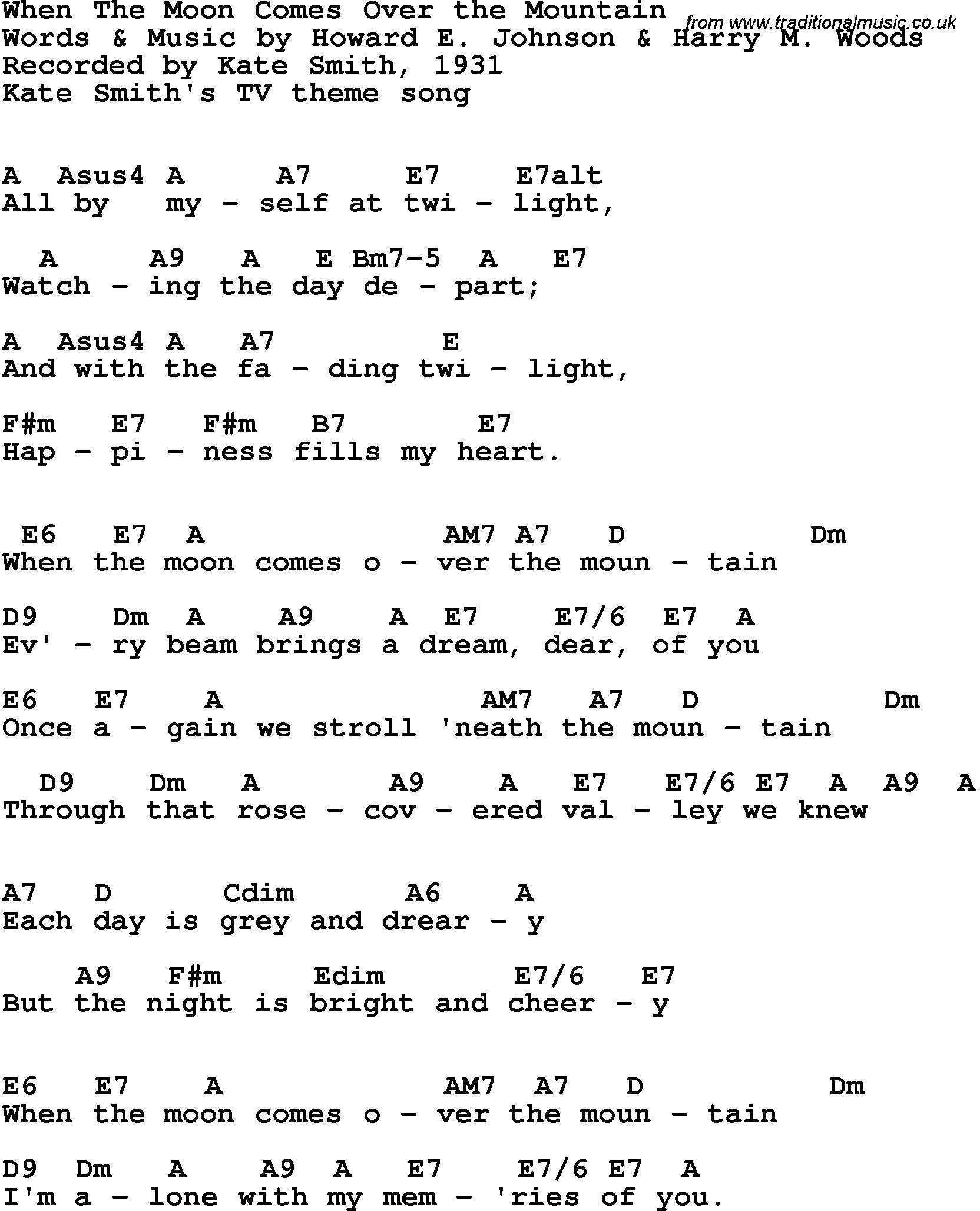 Song Lyrics with guitar chords for When The Moon Comes Over The Mountain - Kate Smith, 1931