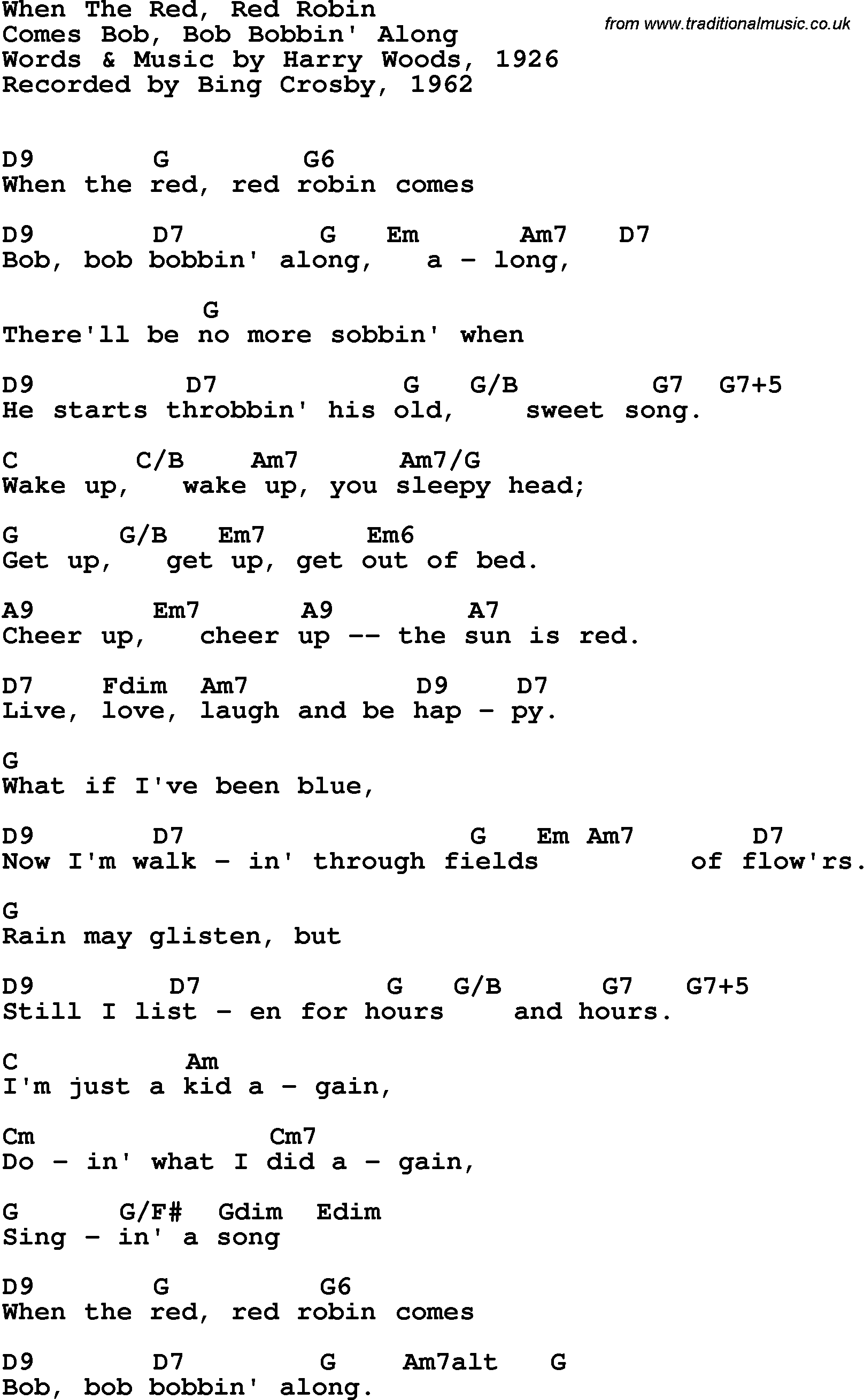 Song Lyrics with guitar chords for When The Red, Red Robin - Bing Crosby, 1962