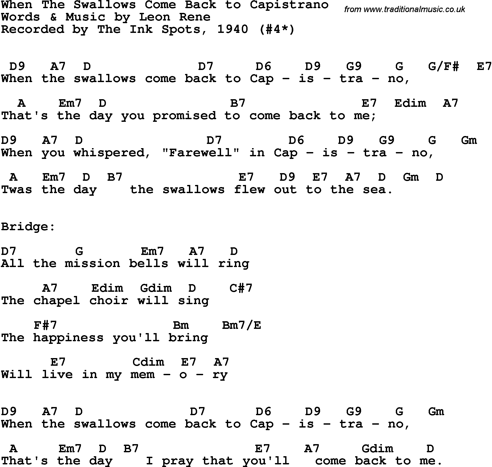 Song Lyrics with guitar chords for When The Swallows Come Back To Capistrano - 1940