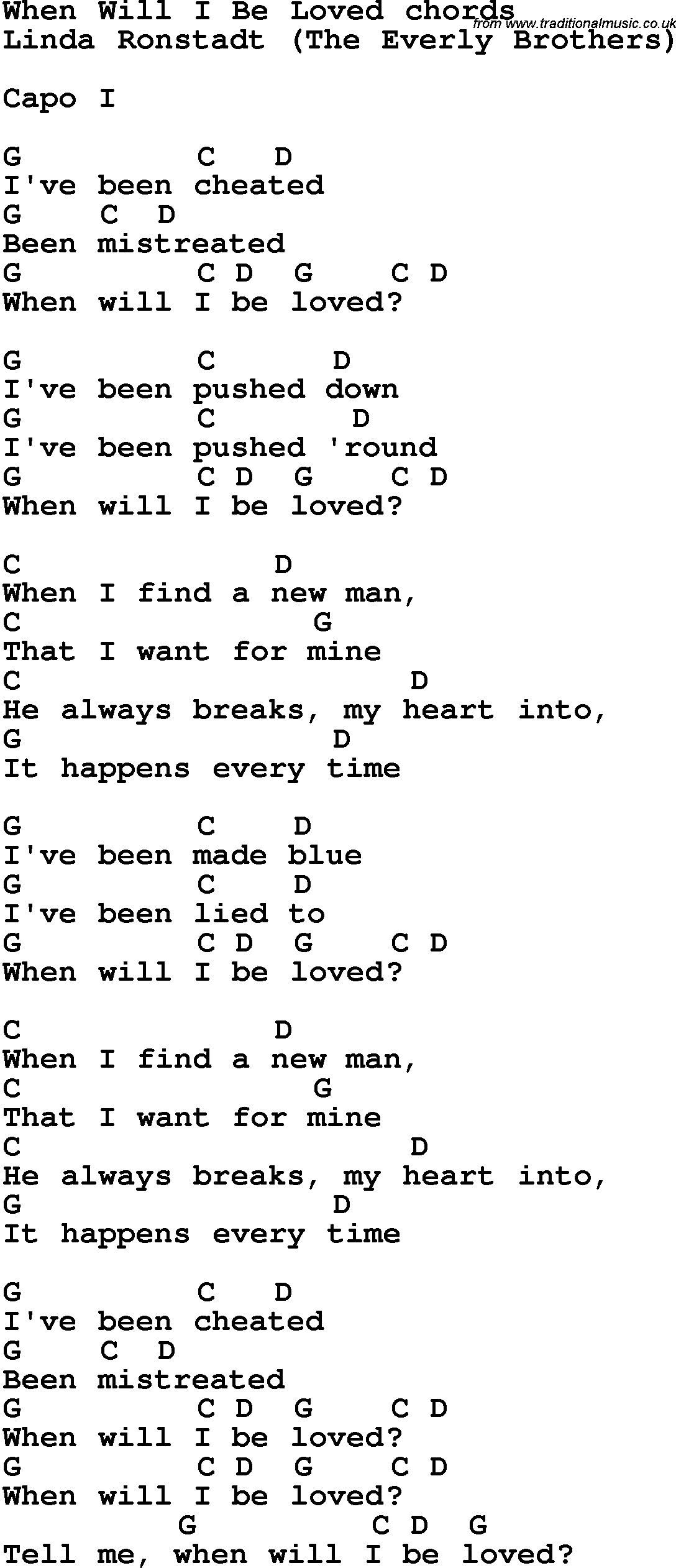Song Lyrics with guitar chords for When Will I Be Loved - Linda Ronstadt