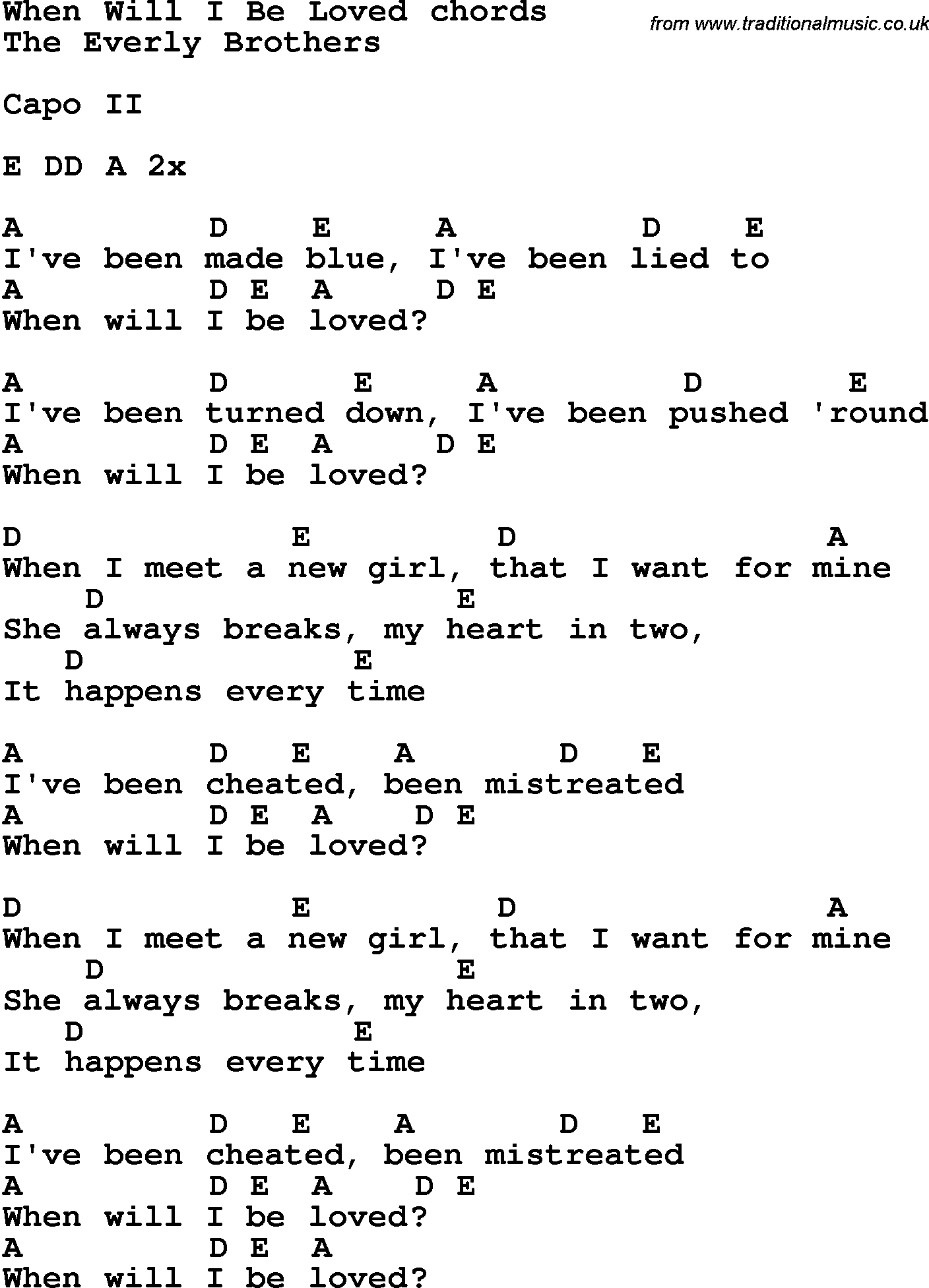 Song Lyrics with guitar chords for When Will I Be Loved - The Everly Brothers