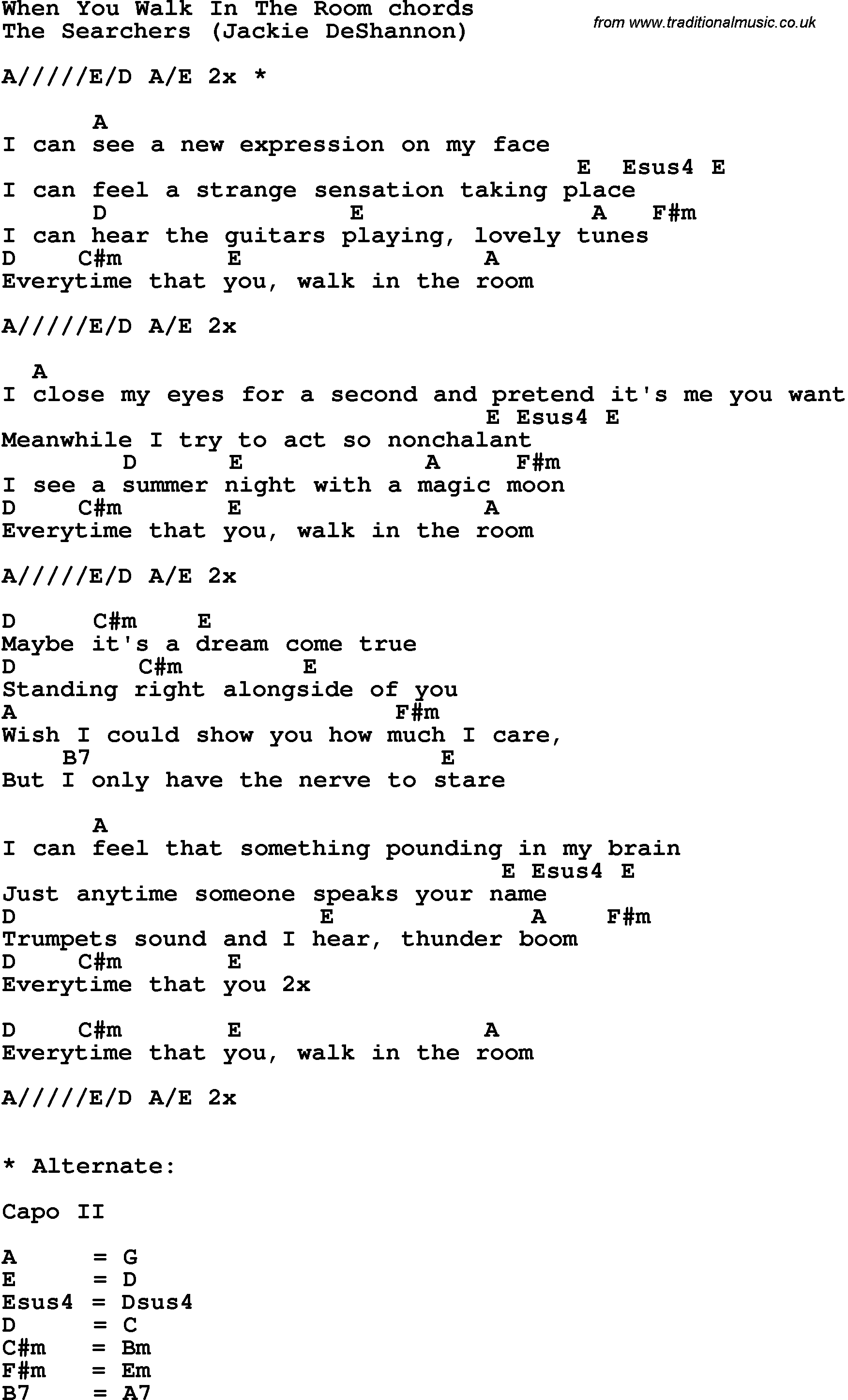 Song Lyrics with guitar chords for When You Walk In The Room