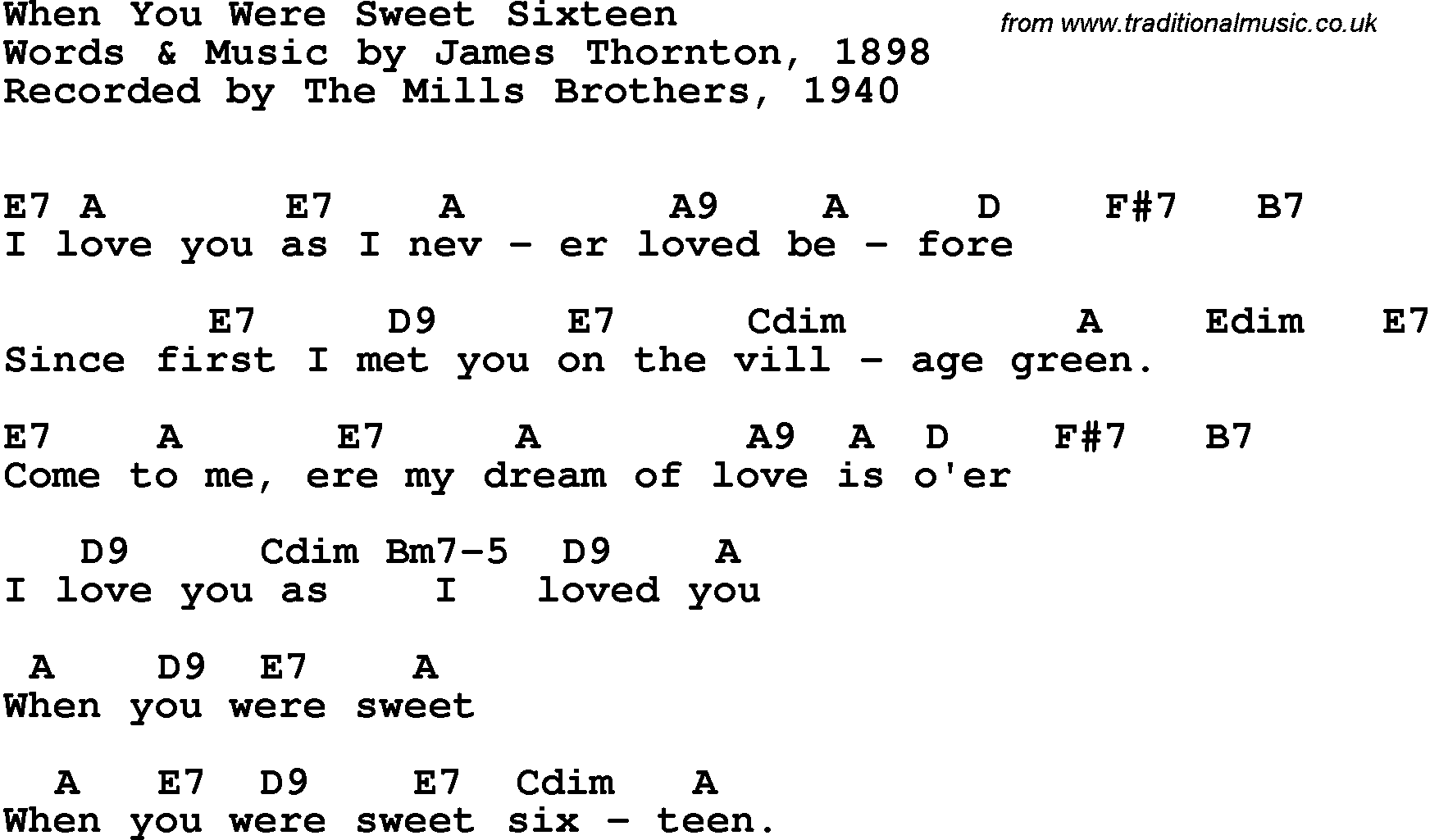 Song Lyrics with guitar chords for When You Were Sweet Sixteen - Mills Brothers - 1940