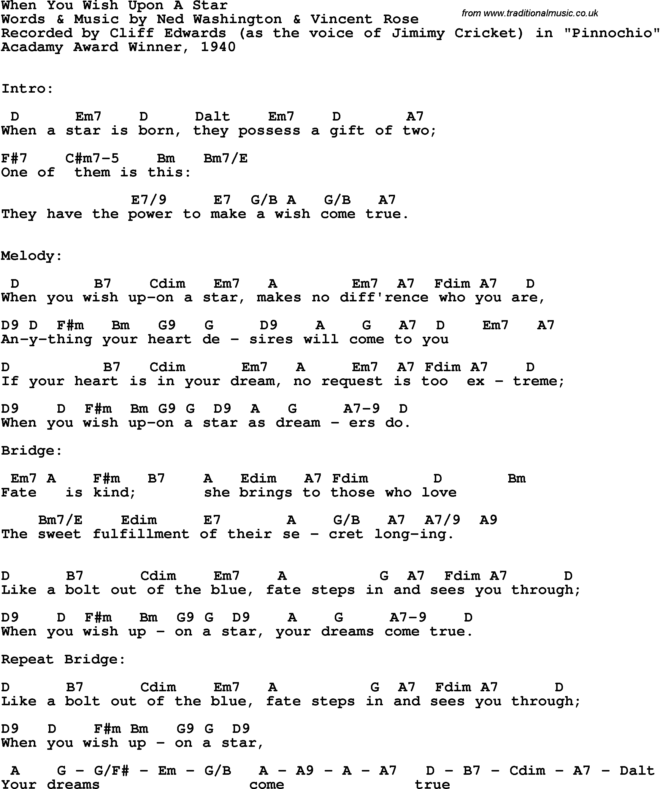 Song Lyrics with guitar chords for When You Wish Upon A Star - Cliff Edwards, As Jiminy Cricket In Pinnochio, 1940