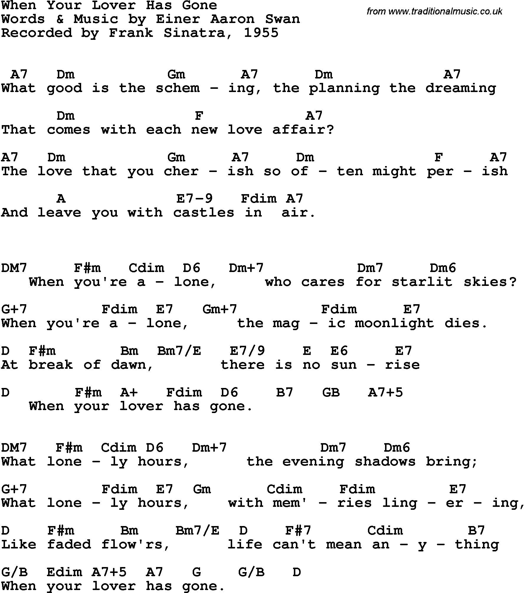 Song Lyrics with guitar chords for When Your Lover Has Gone - Frank Sinatra, 1955