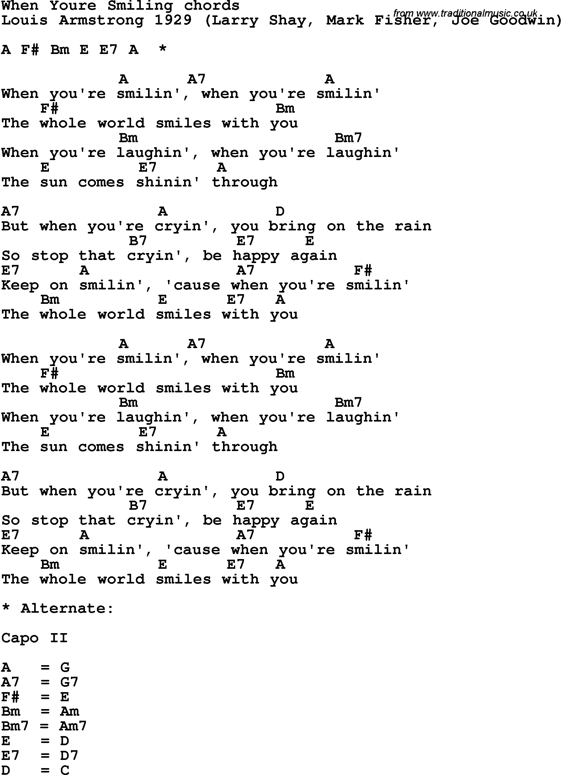 Song Lyrics with guitar chords for When You're Smiling