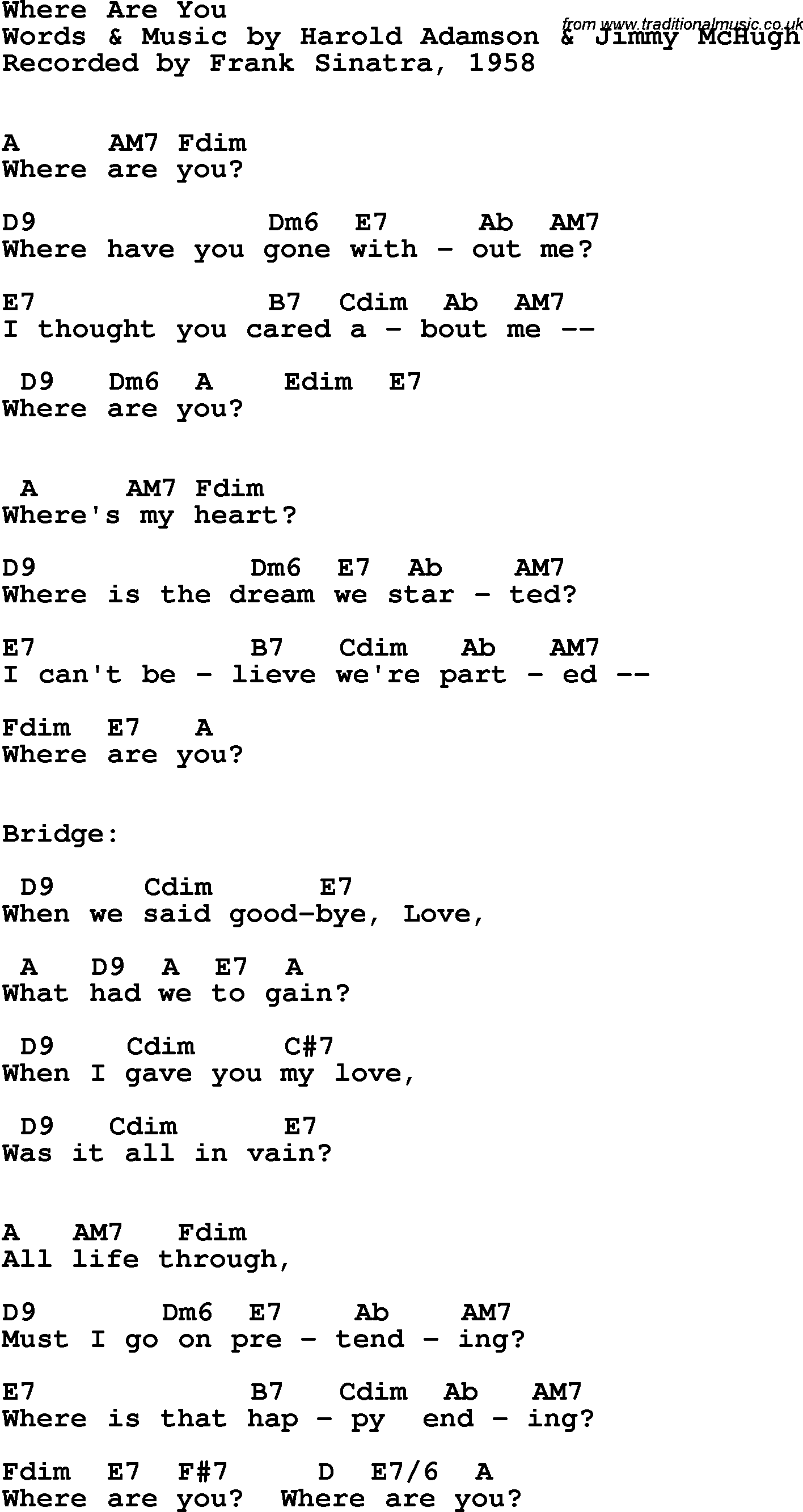 Song Lyrics with guitar chords for Where Are You - Frank Sinatra, 1958