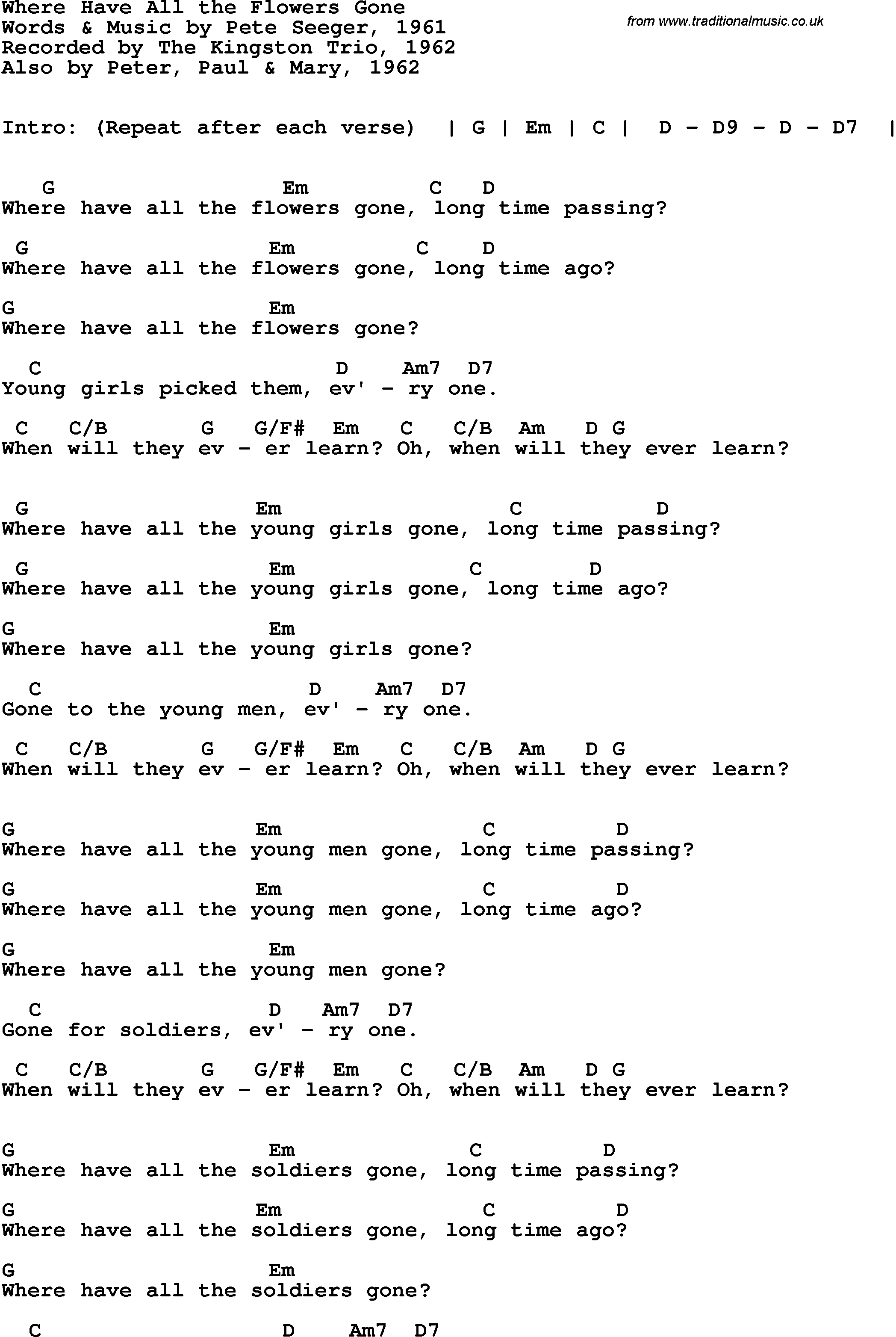 Song Lyrics with guitar chords for Where Have All The Flowers Gone - The Kingston Trio, 1962