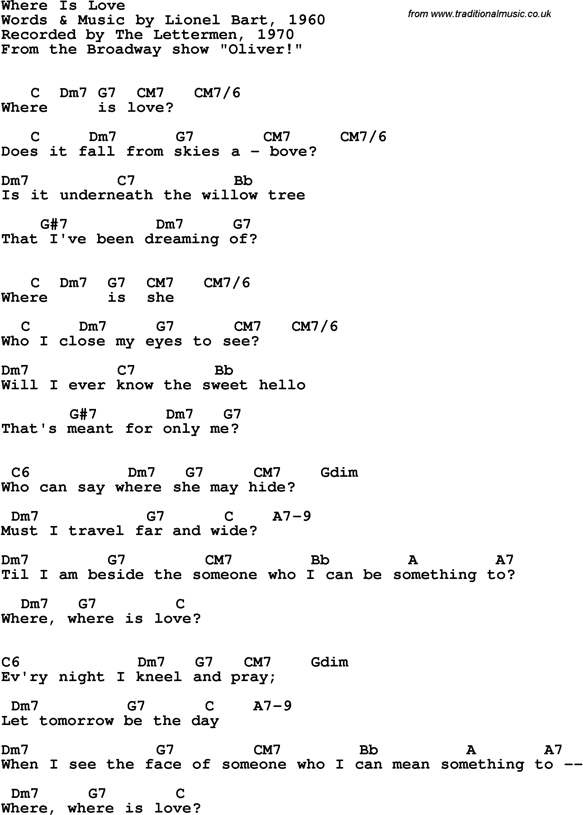 Song Lyrics with guitar chords for Where Is Love - The Lettermen, 1970
